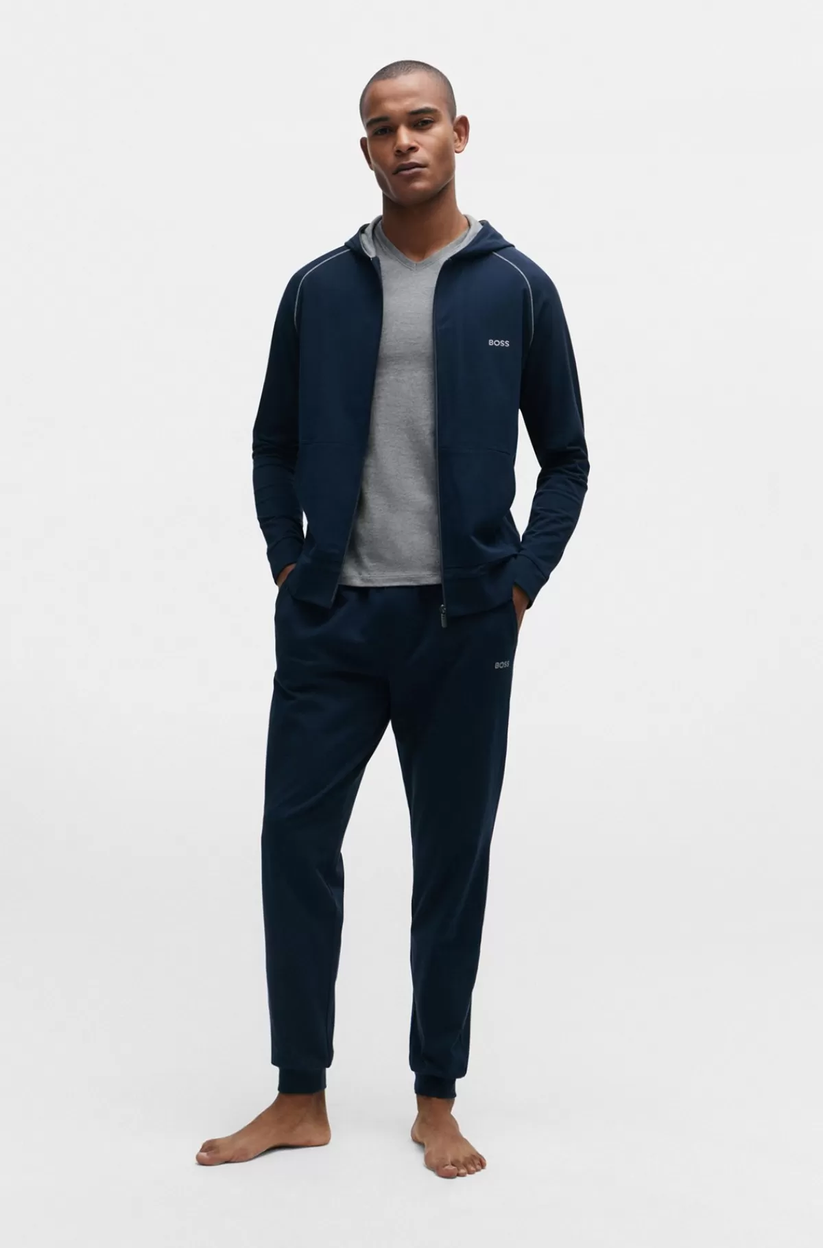 HUGO BOSS Hættetrøje I Bomuld Med Stræk Samt Lynlås Og Broderet Logo Mørkeblå Sale