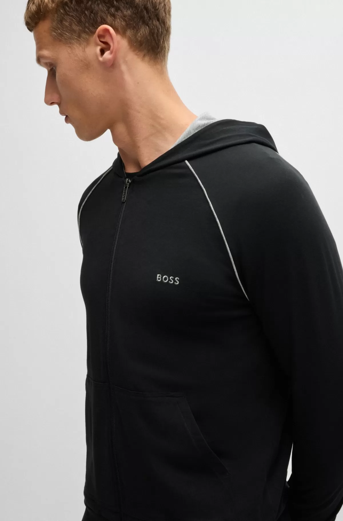 HUGO BOSS Hættetrøje I Bomuld Med Stræk Samt Lynlås Og Broderet Logo Sort Flash Sale