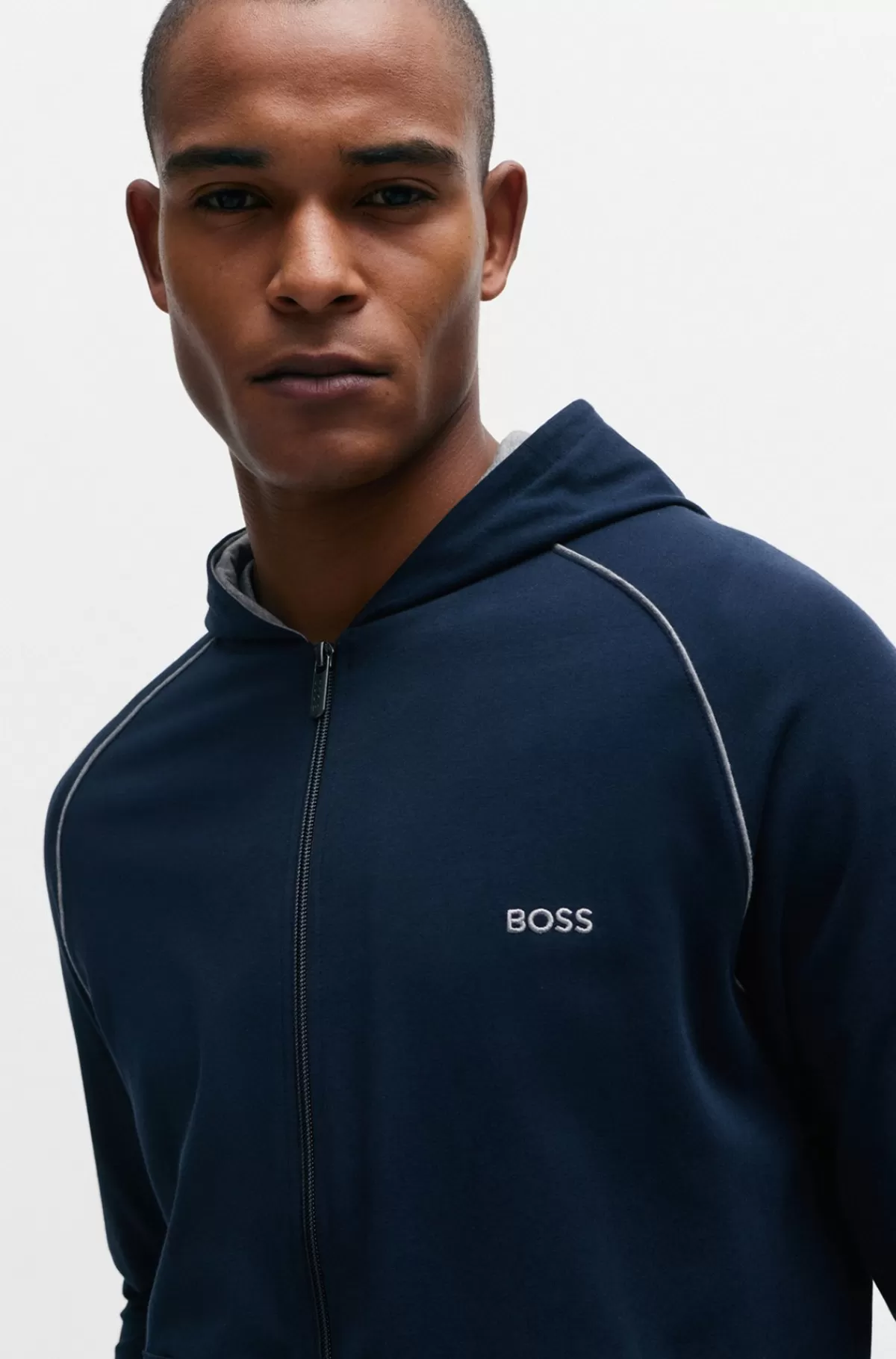 HUGO BOSS Hættetrøje I Bomuld Med Stræk Samt Lynlås Og Broderet Logo Mørkeblå Sale