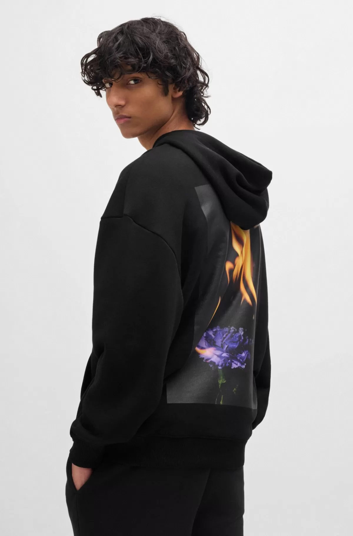 HUGO BOSS Hættetrøje I Bomuldsblanding Med Flamme-blomstergrafik Sort Discount