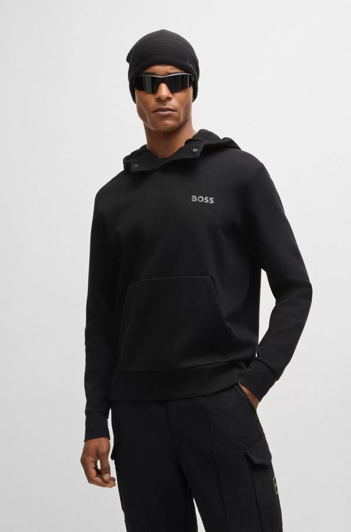 HUGO BOSS Hættetrøje I Bomuldsblanding Med Logo Med Spejleffekt Sort Flash Sale