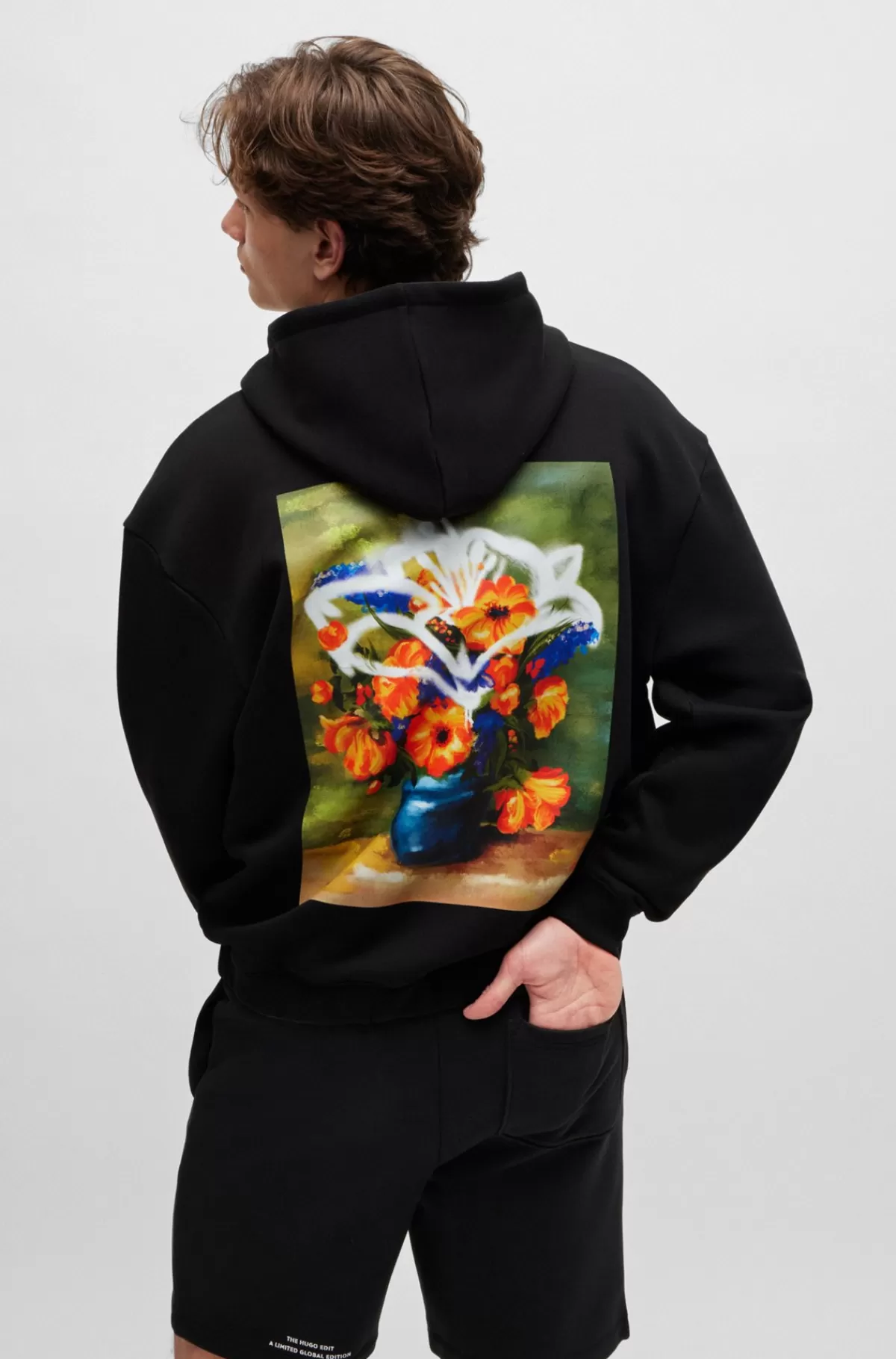 HUGO BOSS Hættetrøje I Bomuldsblanding Med Oversize Fit Og Blomstergrafik Sort Clearance