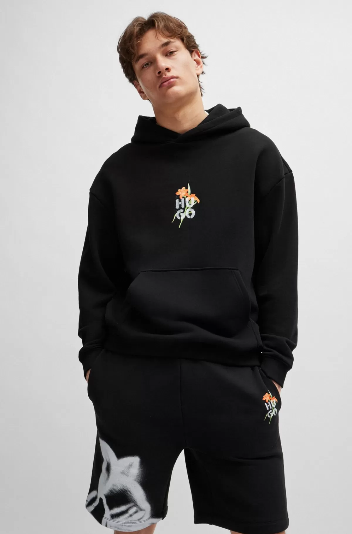 HUGO BOSS Hættetrøje I Bomuldsblanding Med Oversize Fit Og Blomstergrafik Sort Clearance
