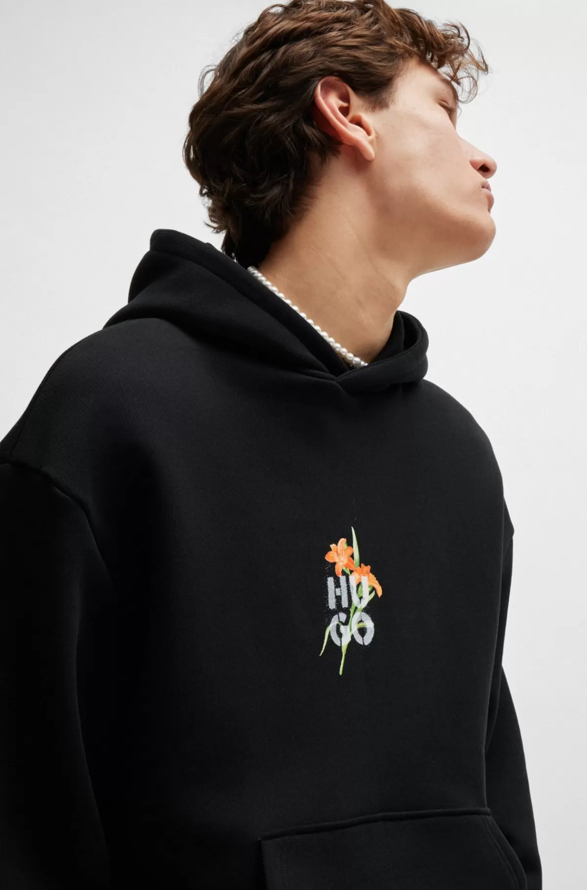 HUGO BOSS Hættetrøje I Bomuldsblanding Med Oversize Fit Og Blomstergrafik Sort Clearance