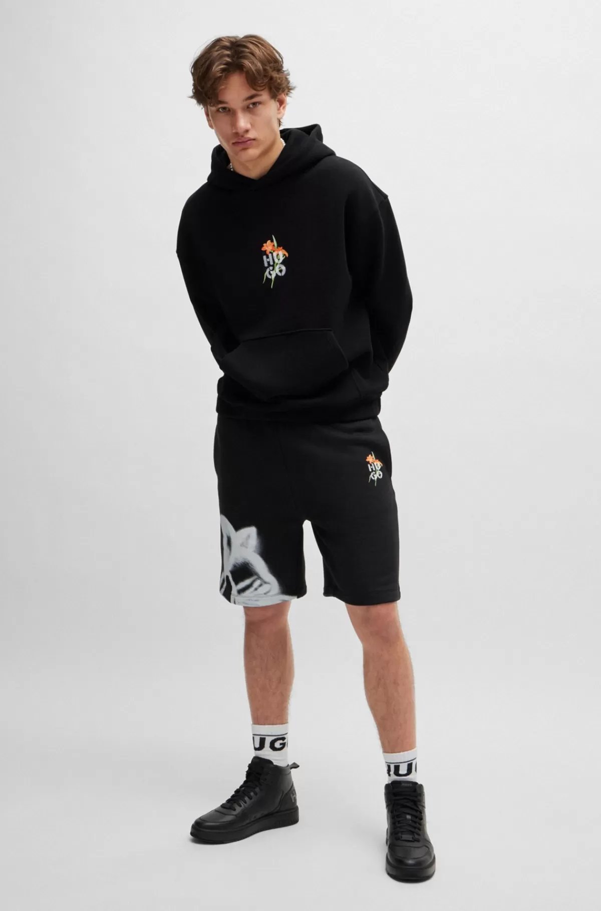 HUGO BOSS Hættetrøje I Bomuldsblanding Med Oversize Fit Og Blomstergrafik Sort Clearance