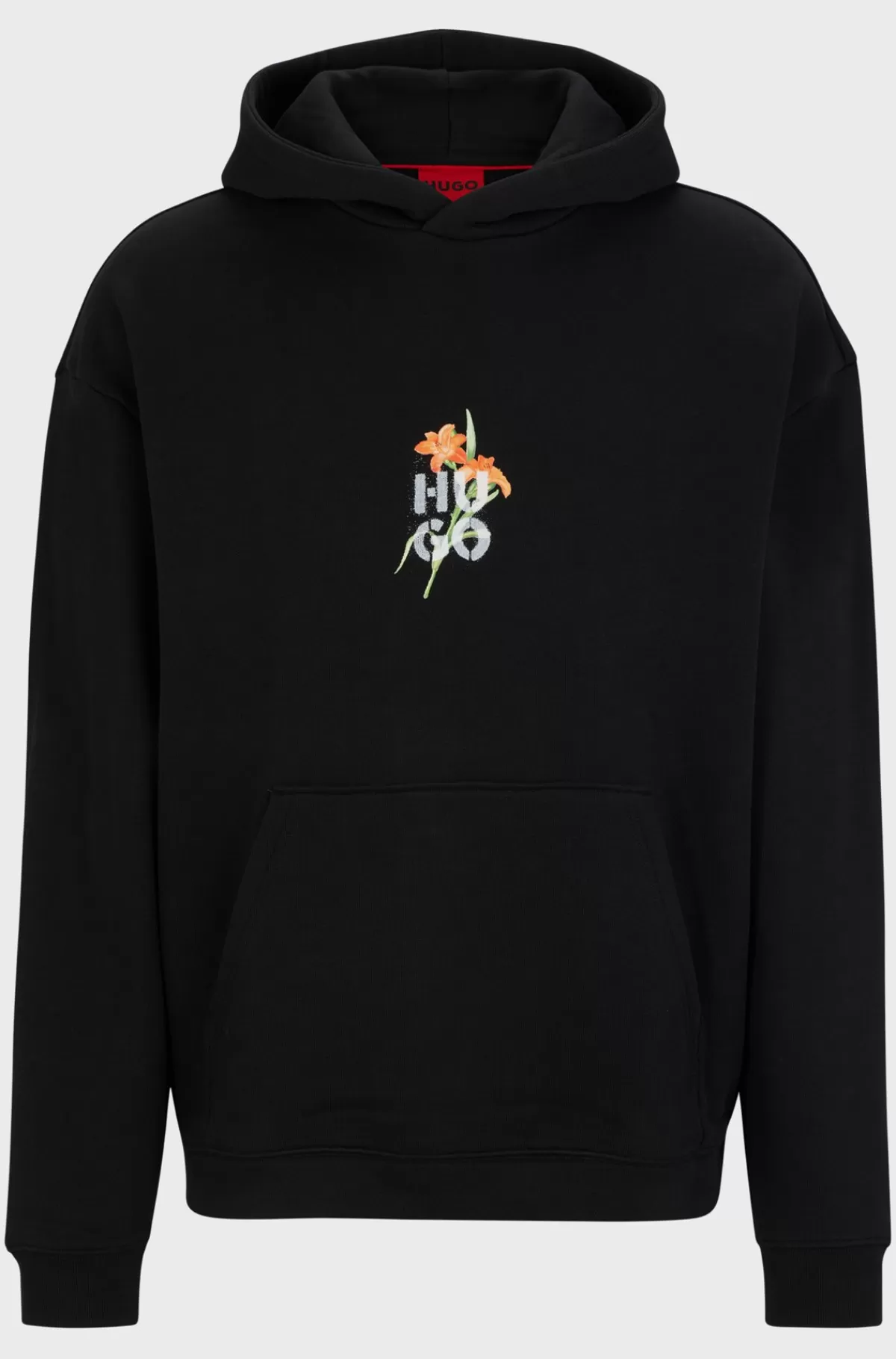 HUGO BOSS Hættetrøje I Bomuldsblanding Med Oversize Fit Og Blomstergrafik Sort Clearance