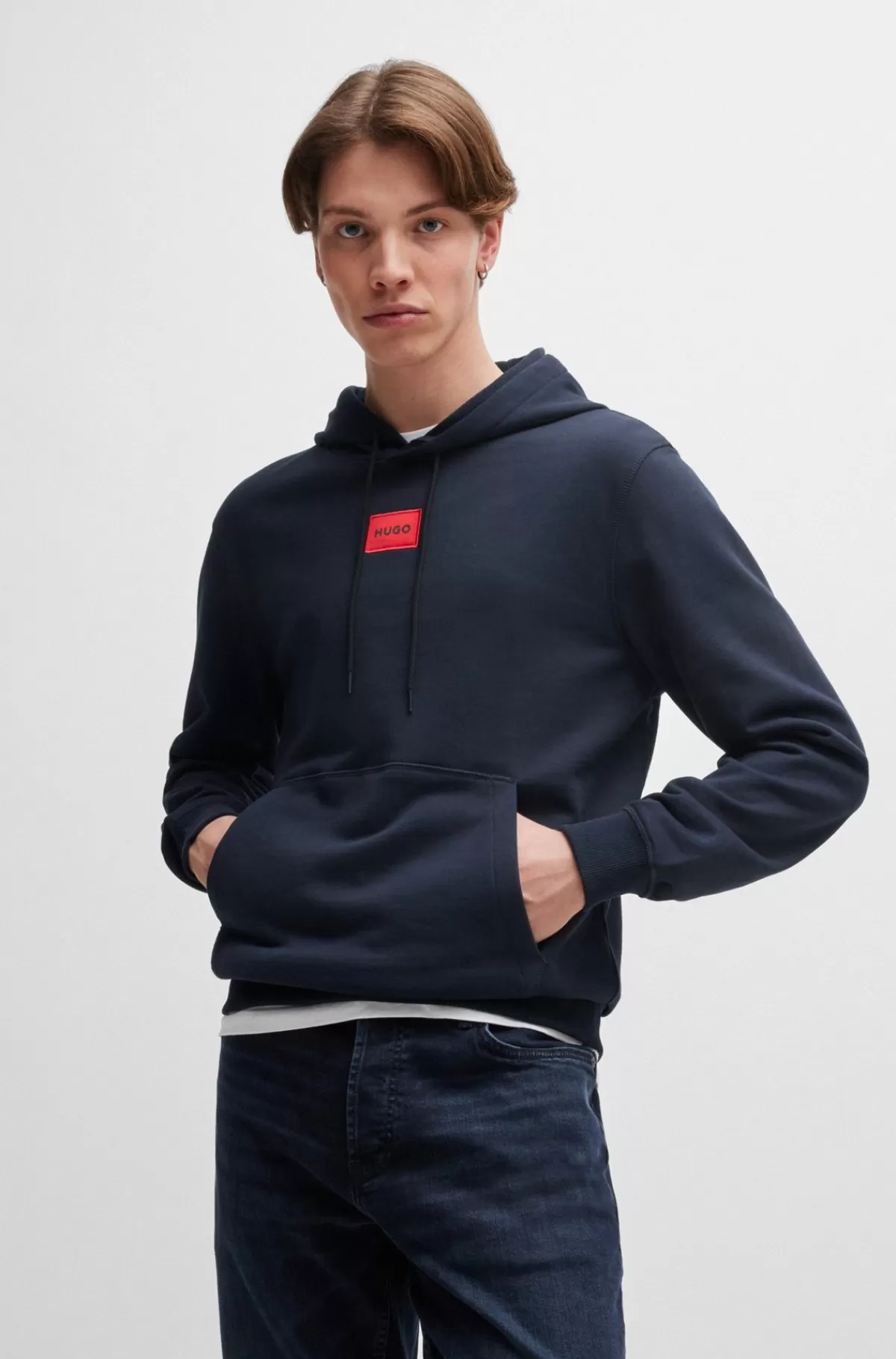 HUGO BOSS Hættetrøje I Bomuldsfrotté Med Logomærkat Mørkeblå Sale