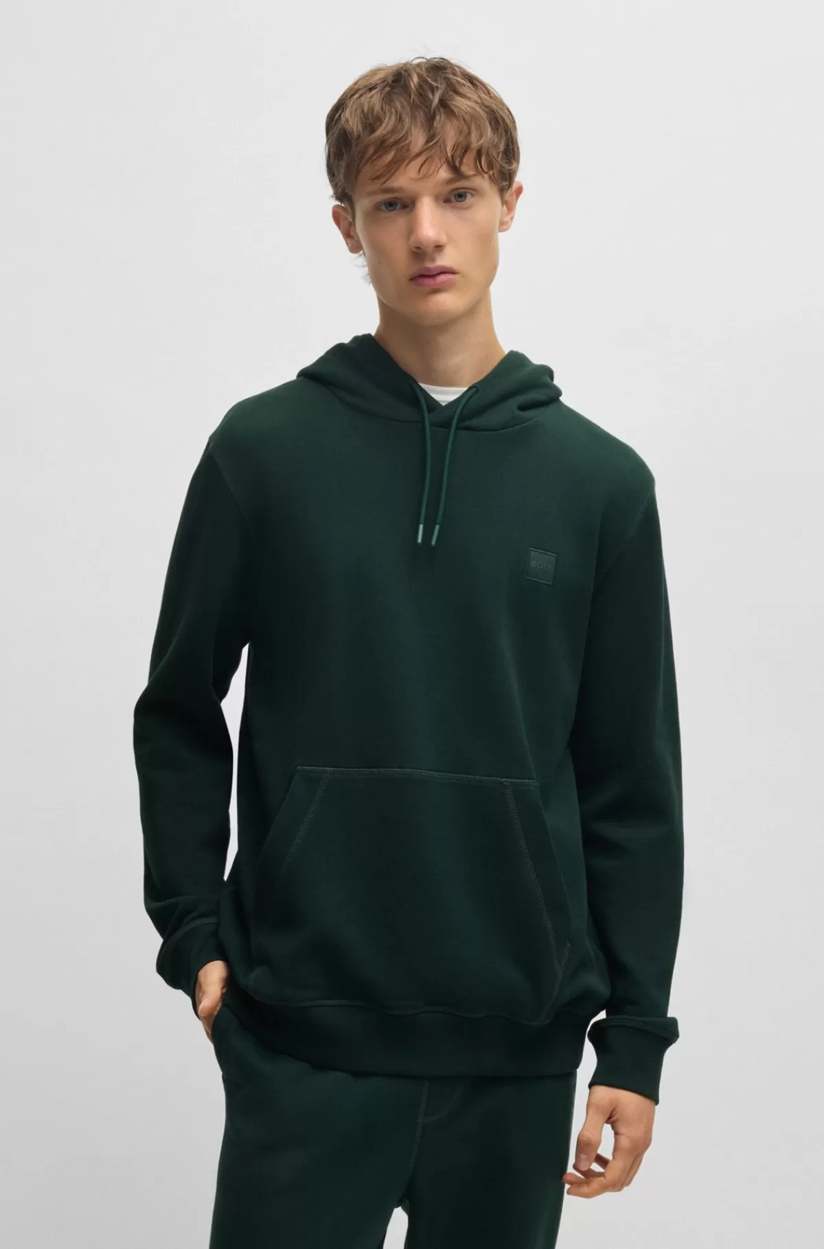 HUGO BOSS Hættetrøje I Bomuldsfrotté Med Logomærke Mørkegrøn Discount