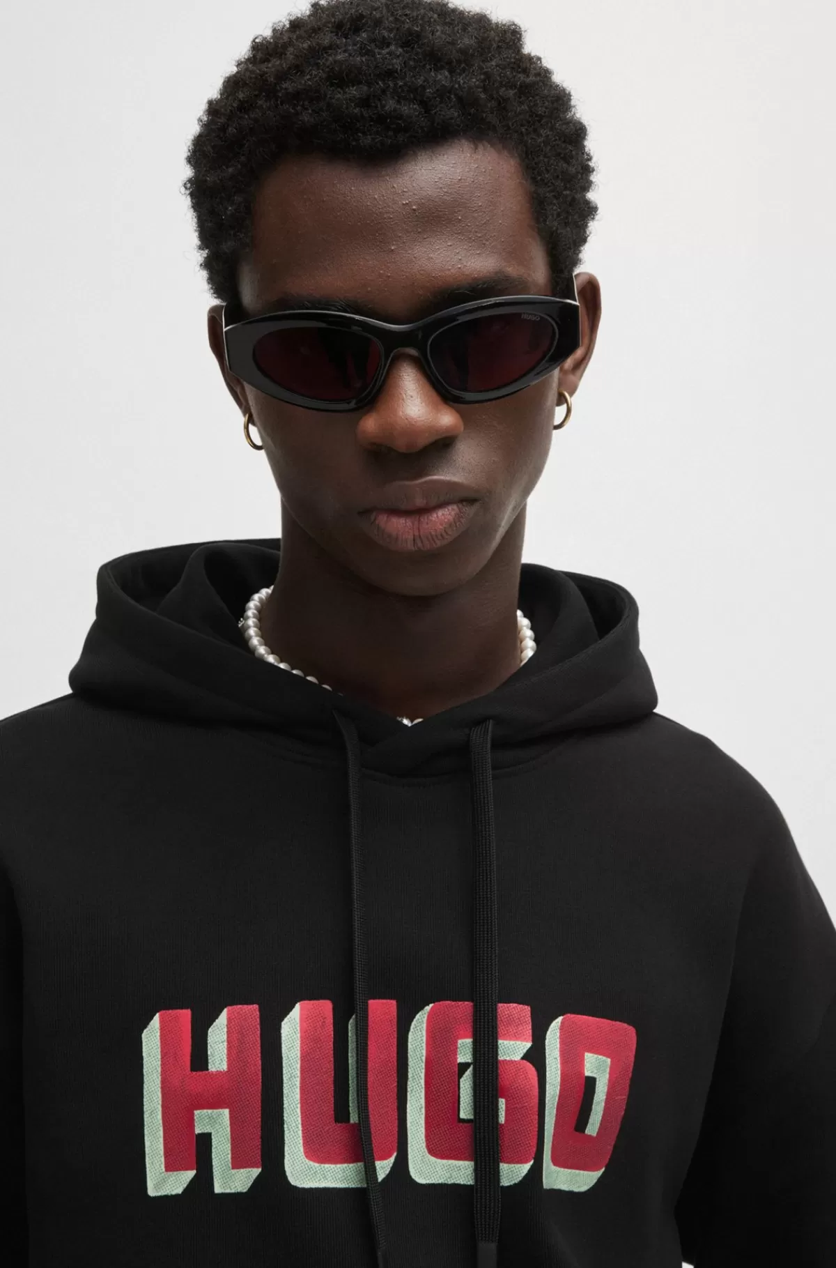 HUGO BOSS Hættetrøje I Bomuldsfrotté Med Logoprint Sort Outlet
