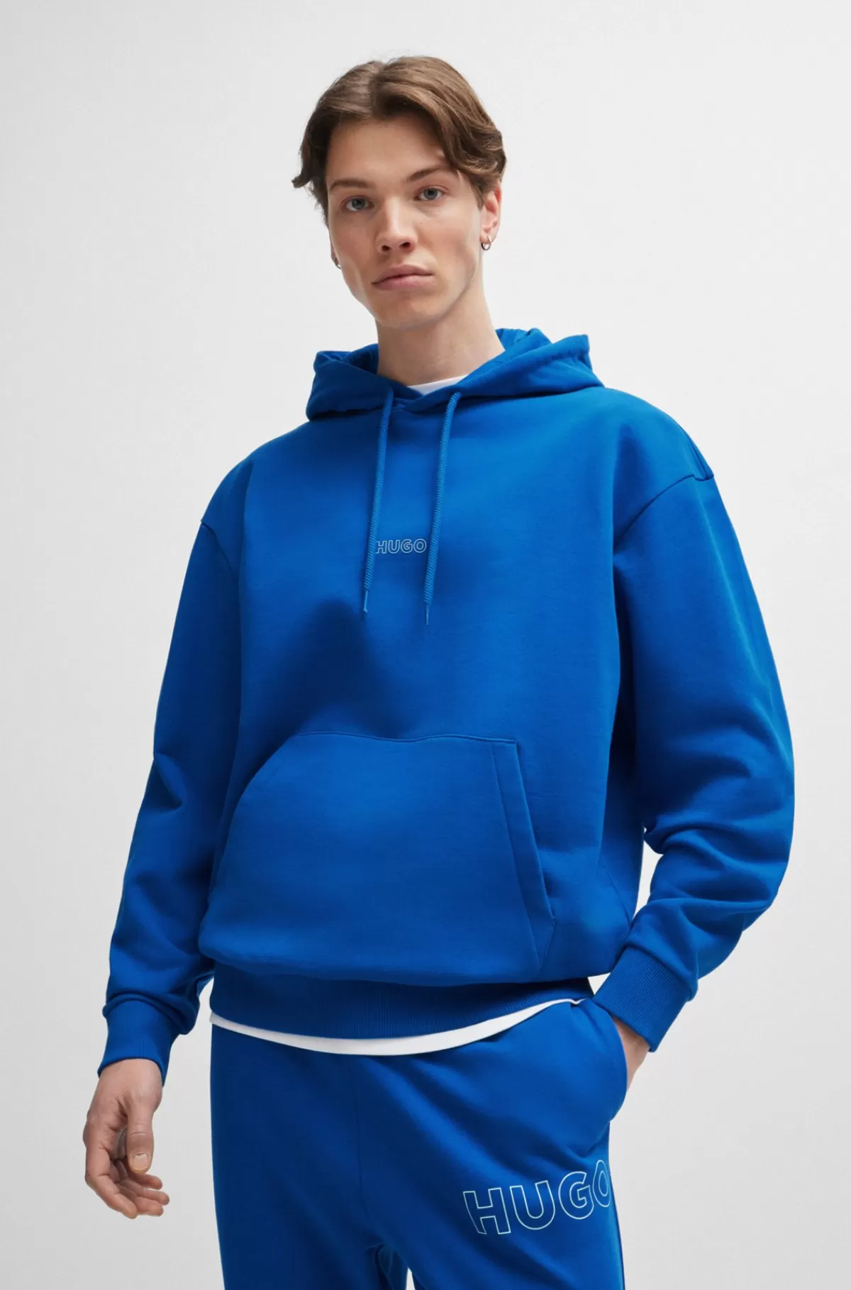 HUGO BOSS Hættetrøje I Bomuldsfrotté Med Omridsede Logoer Blå Fashion
