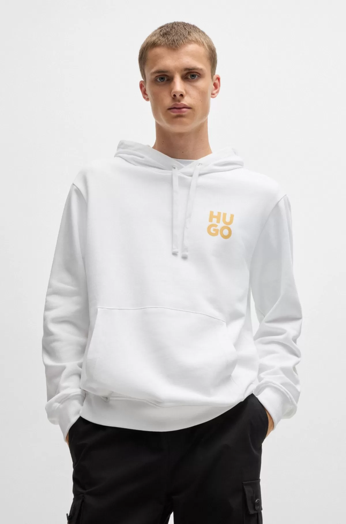 HUGO BOSS Hættetrøje I Bomuldsfrotté Med Stablet Logoprint Hvid Fashion