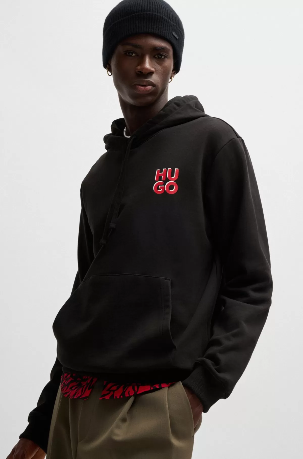 HUGO BOSS Hættetrøje I Bomuldsfrotté Med Stablet Logoprint Sort Cheap