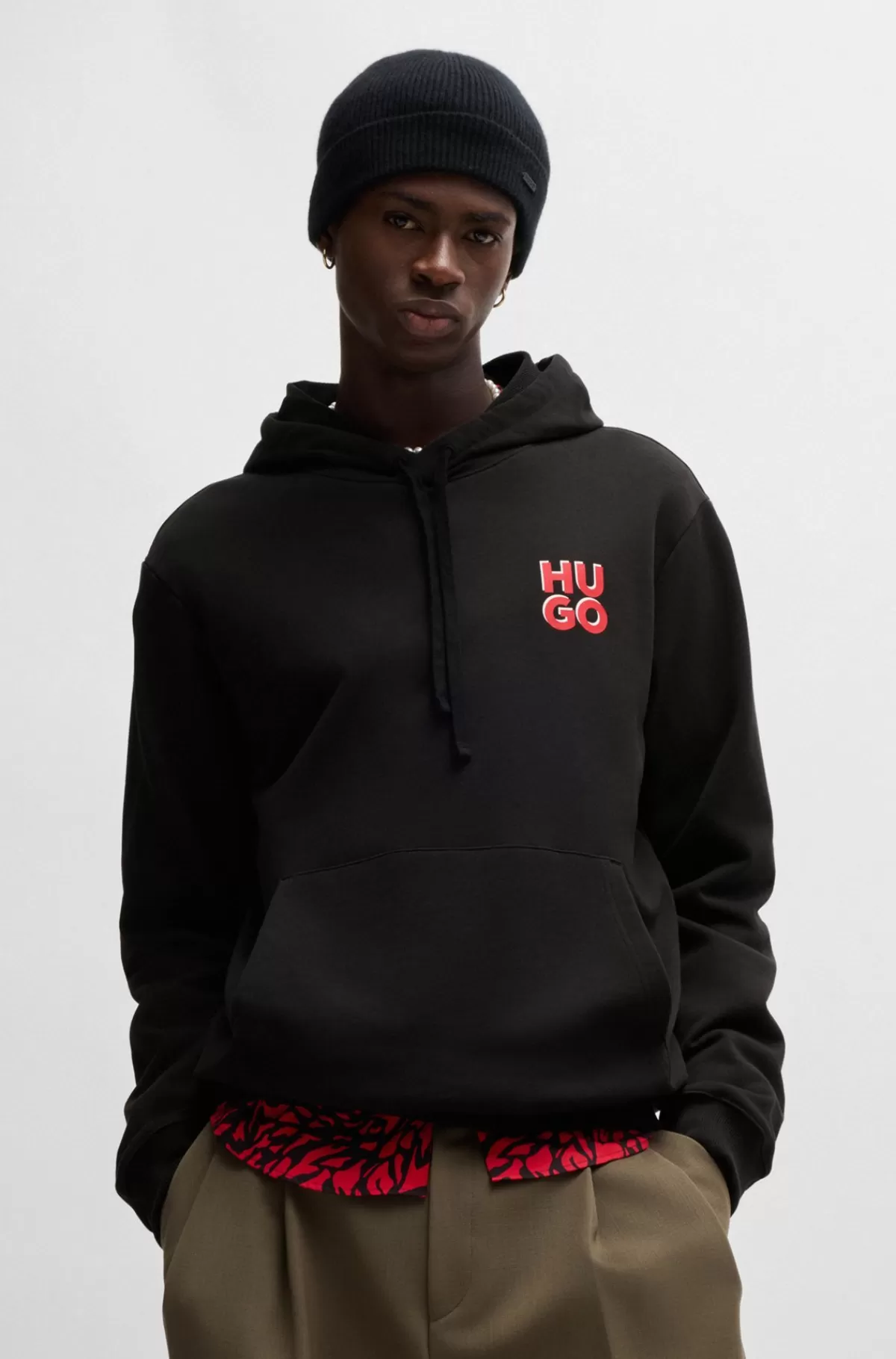 HUGO BOSS Hættetrøje I Bomuldsfrotté Med Stablet Logoprint Sort Cheap