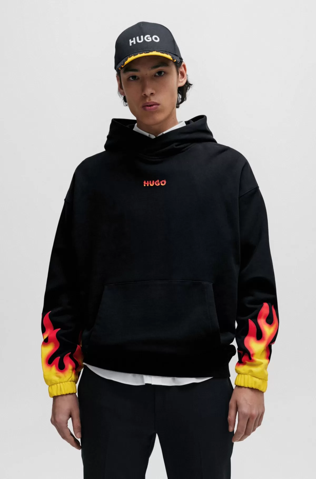 HUGO BOSS Hættetrøje I Bomuldsfrotté Med Tykt Flammelogo Sort Hot