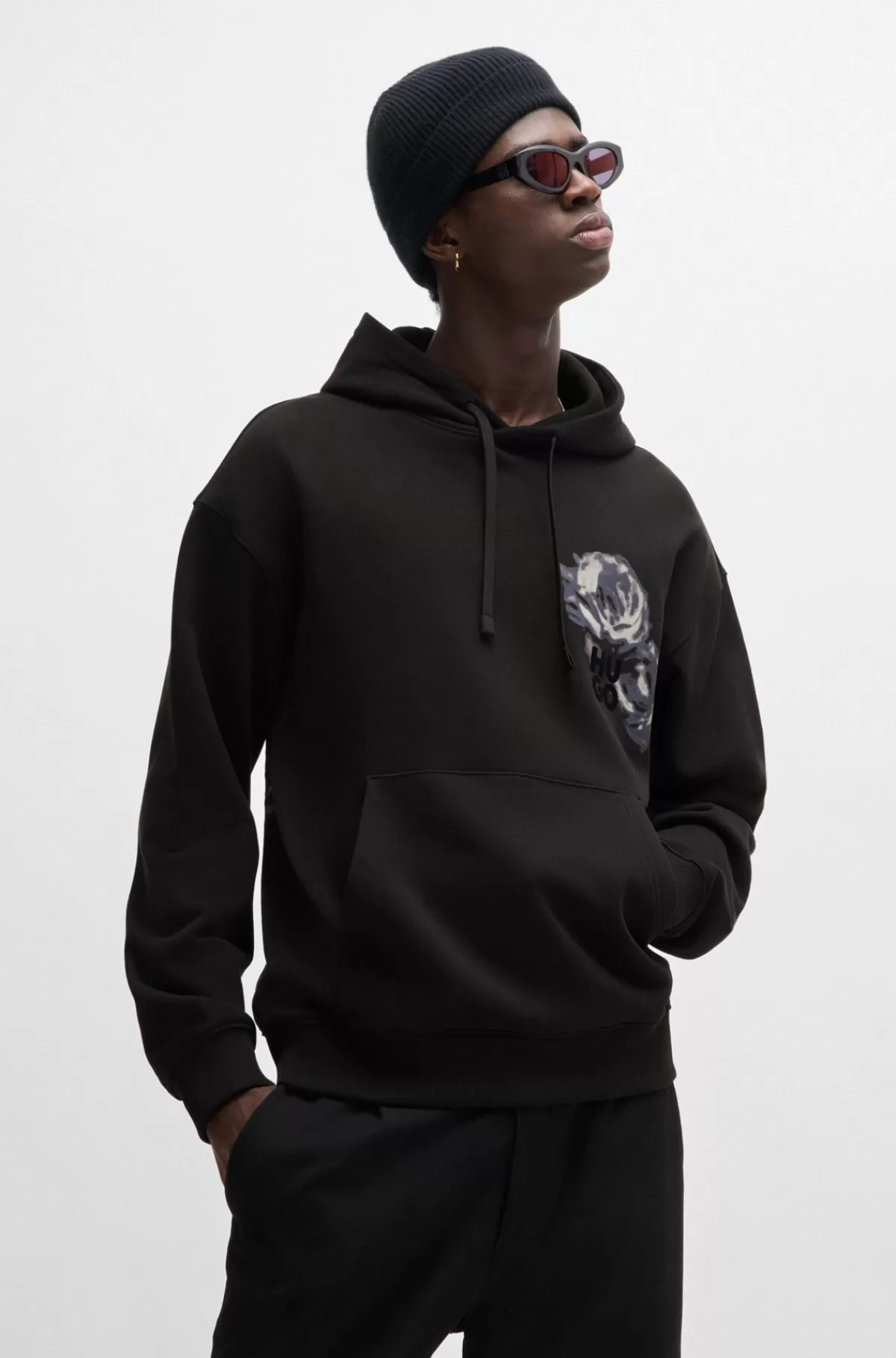 HUGO BOSS Hættetrøje I Sweatkvalitet Af Bomuld Med Blomster Og Logoprint Sort Sale