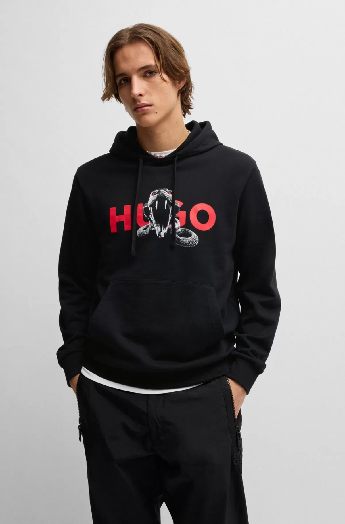 HUGO BOSS Hættetrøje I Sweatkvalitet Af Bomuld Med Grafisk Dyreprint Sort Best