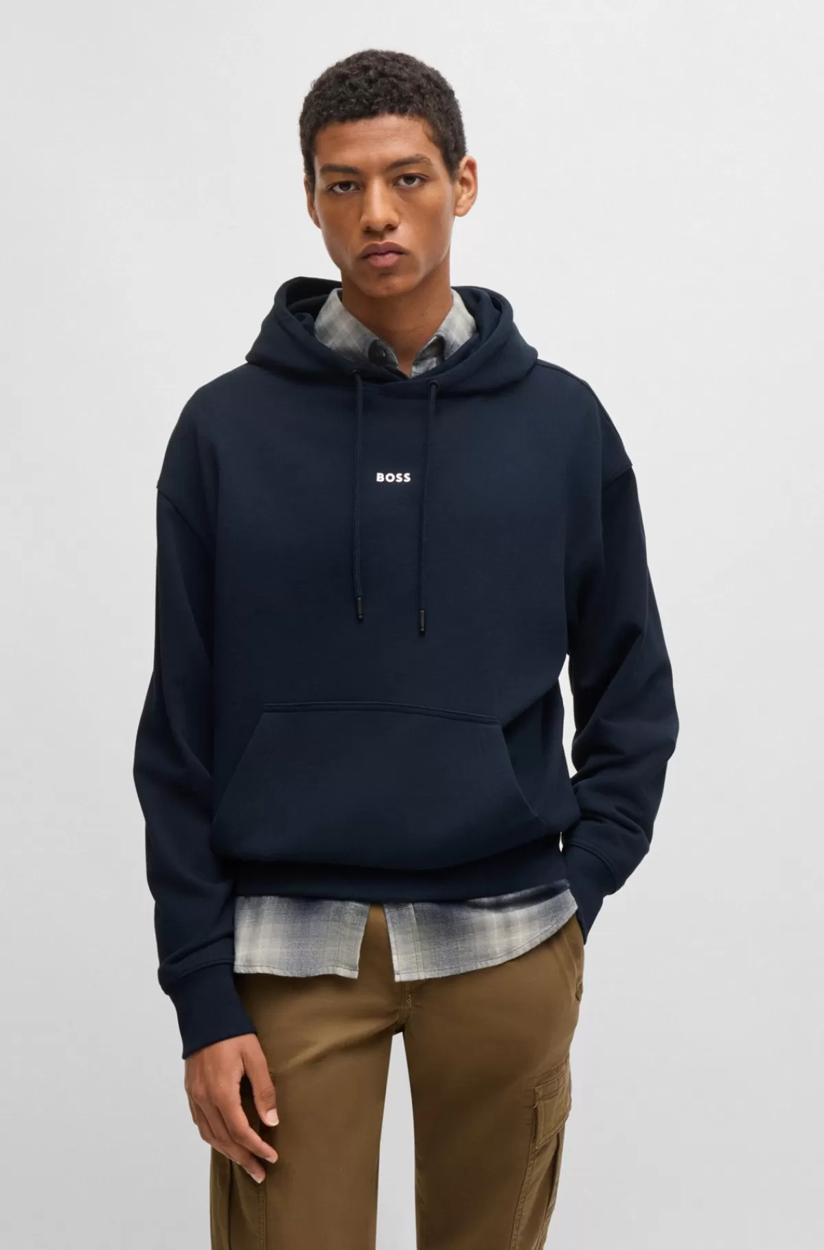 HUGO BOSS Hættetrøje I Sweatkvalitet Af Bomuld Med Logo I Kontrastfarve Mørkeblå Store