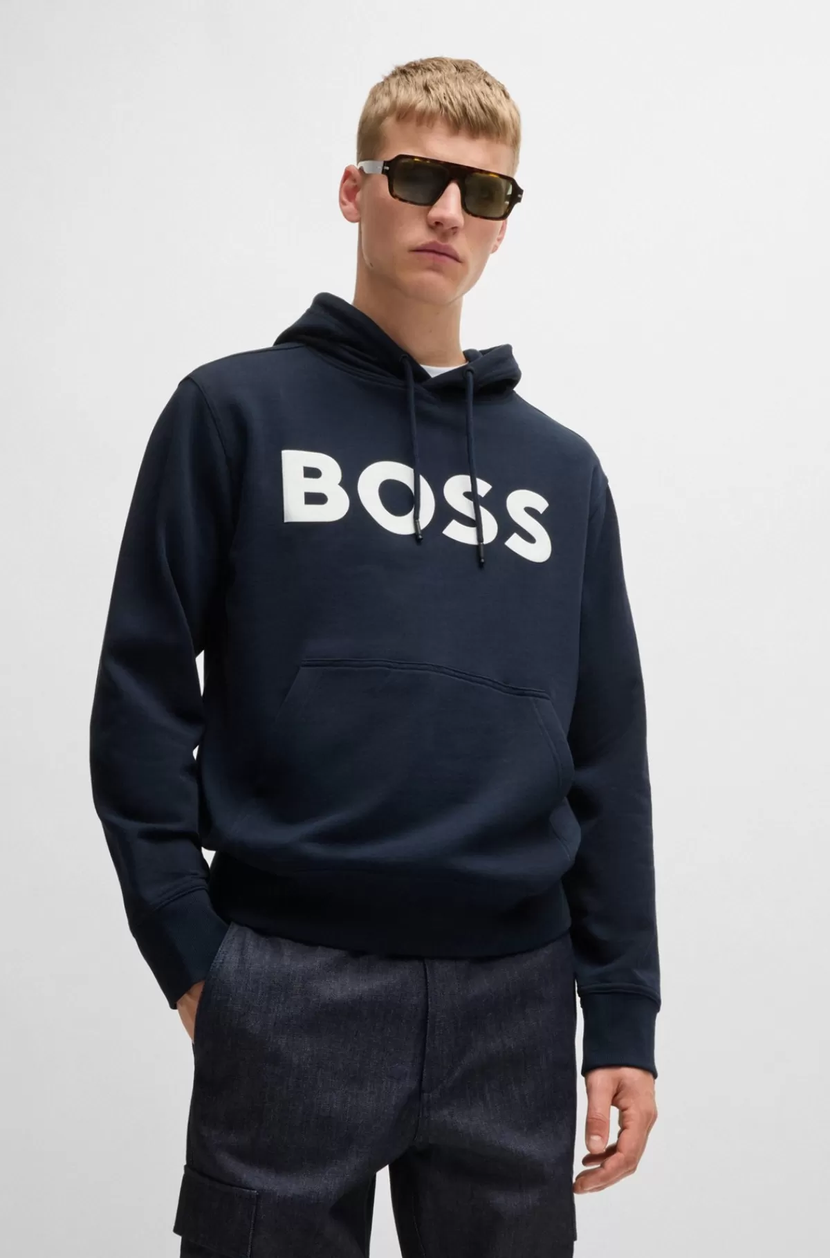 HUGO BOSS Hættetrøje I Sweatkvalitet Af Bomuld Med Relaxed Fit Og Kontrastlogo Mørkeblå Hot
