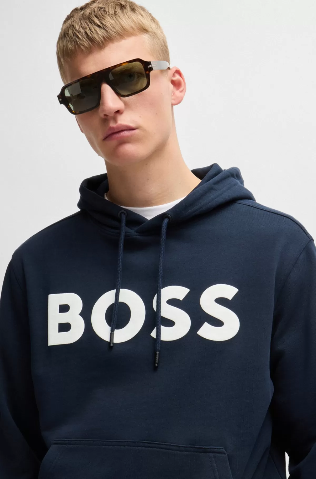 HUGO BOSS Hættetrøje I Sweatkvalitet Af Bomuld Med Relaxed Fit Og Kontrastlogo Mørkeblå Hot