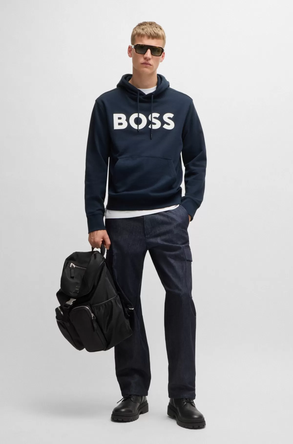 HUGO BOSS Hættetrøje I Sweatkvalitet Af Bomuld Med Relaxed Fit Og Kontrastlogo Mørkeblå Hot