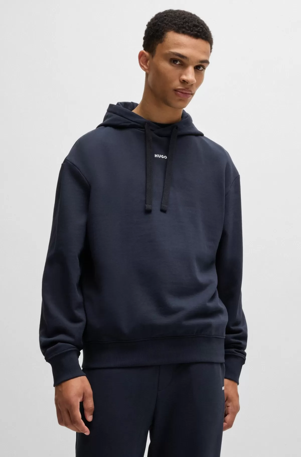 HUGO BOSS Hættetrøje I Sweatkvalitet Af Bomuld Med Relaxed Fit Og Logoprint Mørkeblå New