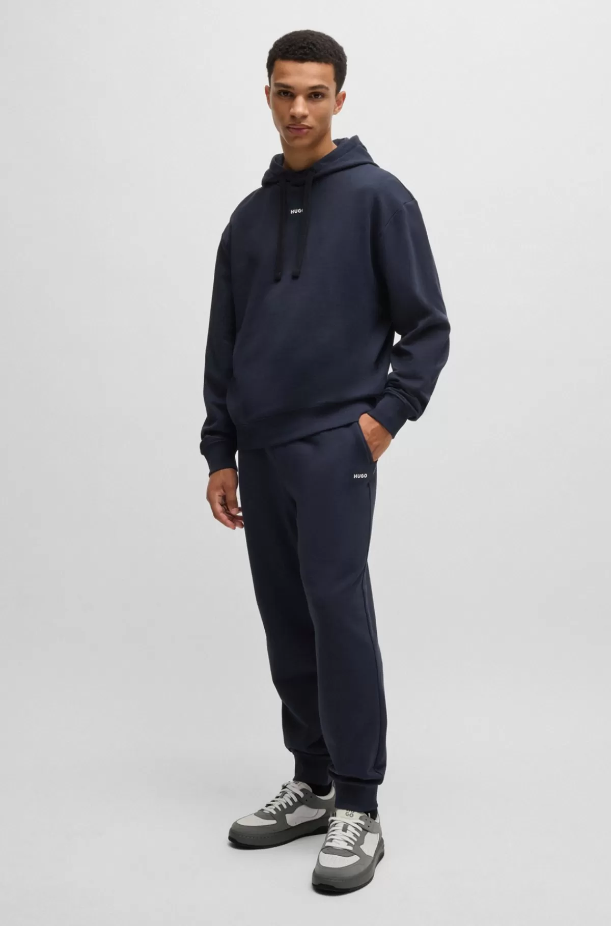 HUGO BOSS Hættetrøje I Sweatkvalitet Af Bomuld Med Relaxed Fit Og Logoprint Mørkeblå New