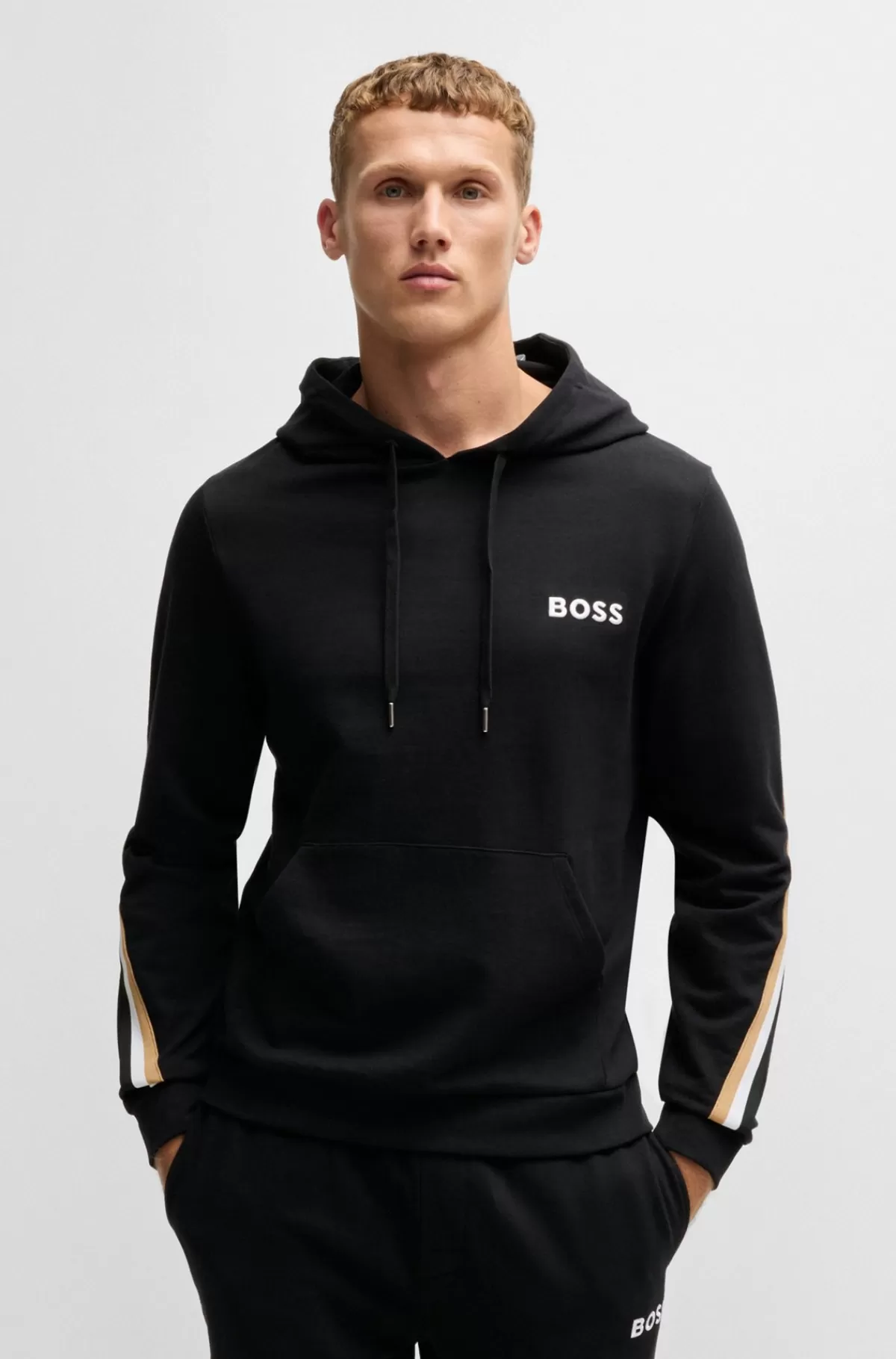 HUGO BOSS Hættetrøje I Sweatkvalitet Af Bomuld Med Stræk Og Signaturstribet Bånd Sort Online