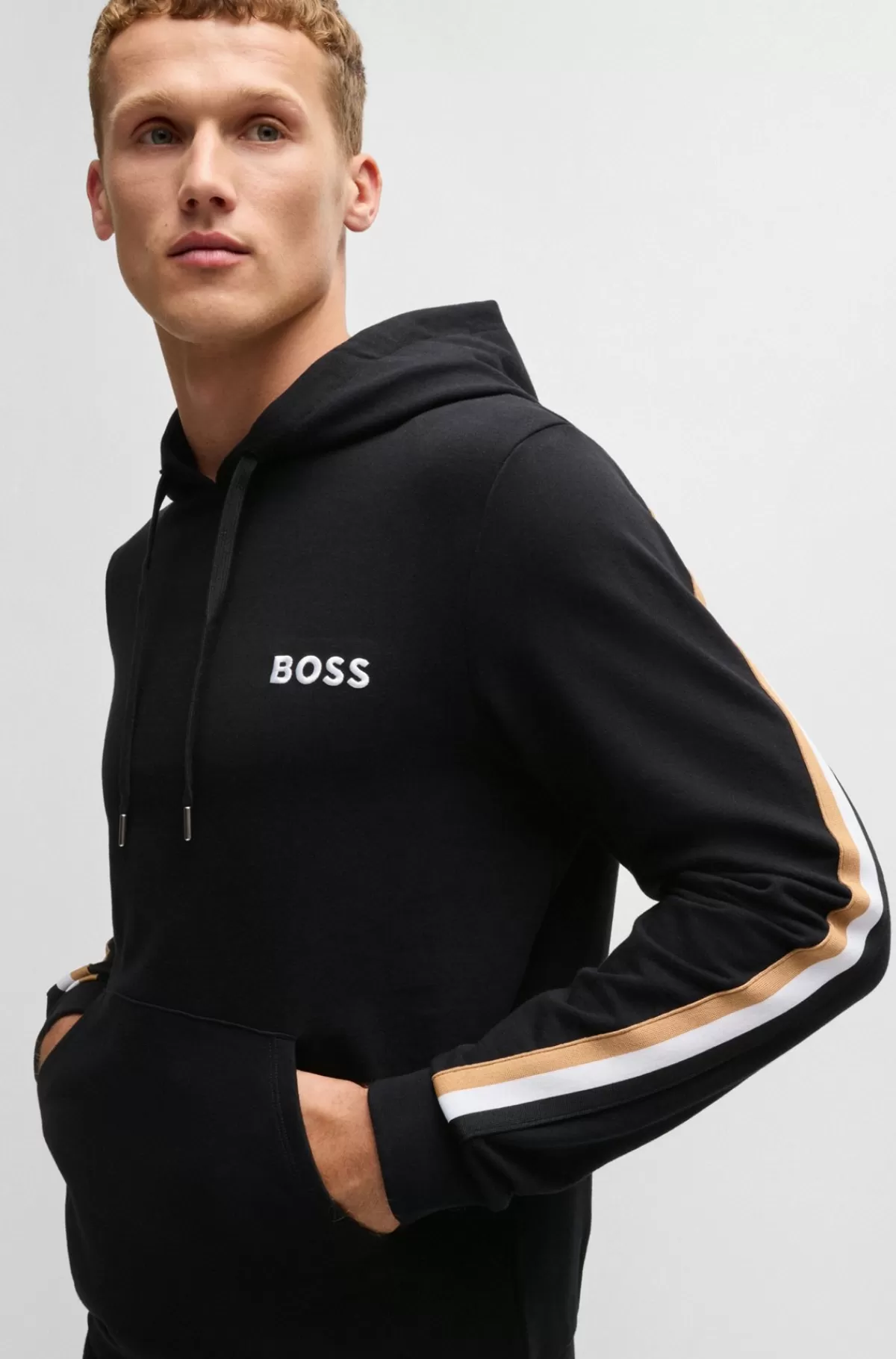 HUGO BOSS Hættetrøje I Sweatkvalitet Af Bomuld Med Stræk Og Signaturstribet Bånd Sort Online
