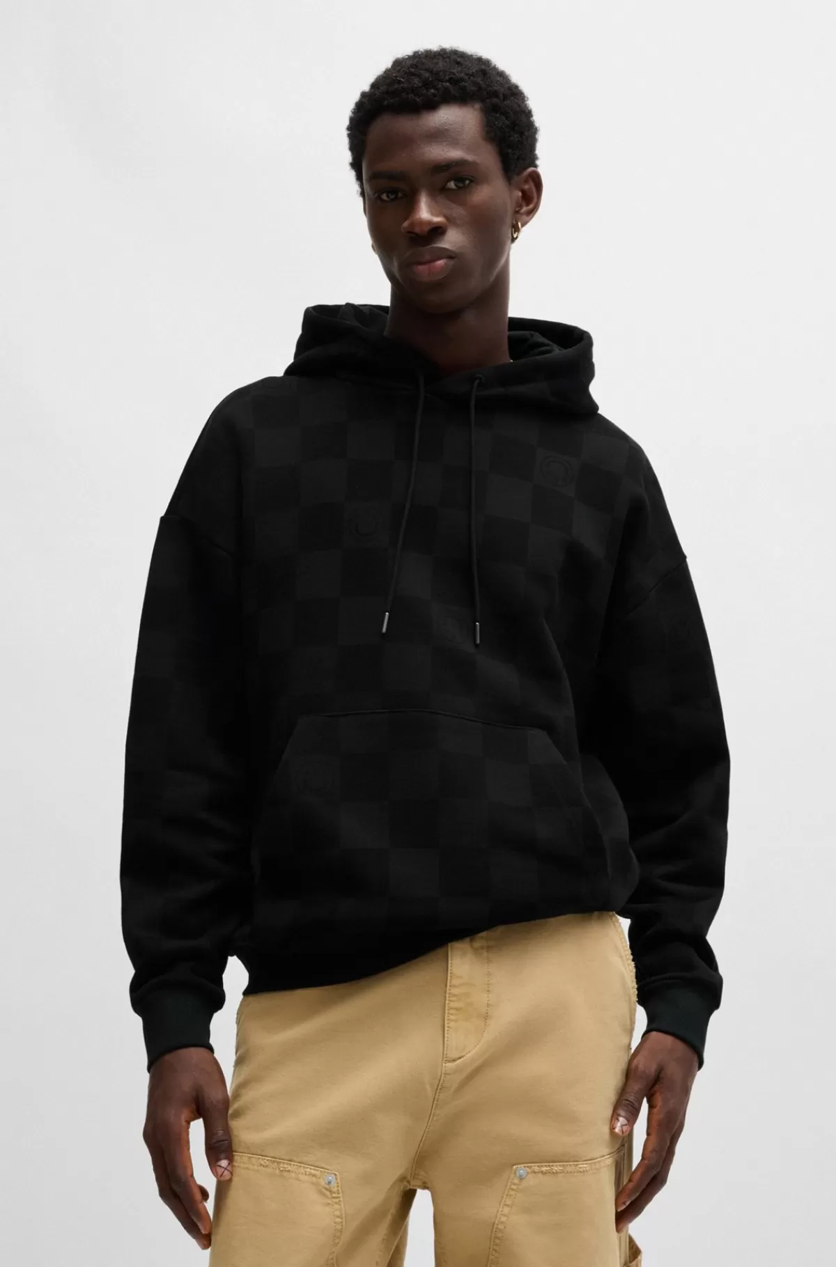 HUGO BOSS Hættetrøje Med Loose Fit I Sweatkvalitet Af Bomuld Med Skakternet Print Sort Discount