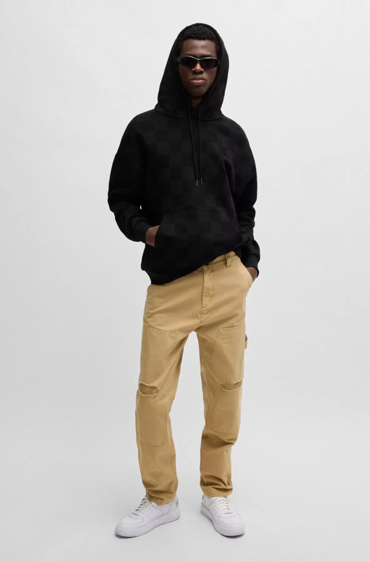 HUGO BOSS Hættetrøje Med Loose Fit I Sweatkvalitet Af Bomuld Med Skakternet Print Sort Discount