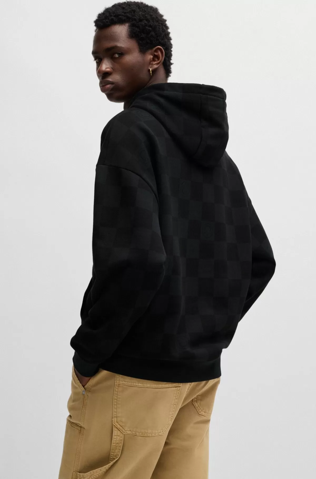 HUGO BOSS Hættetrøje Med Loose Fit I Sweatkvalitet Af Bomuld Med Skakternet Print Sort Discount