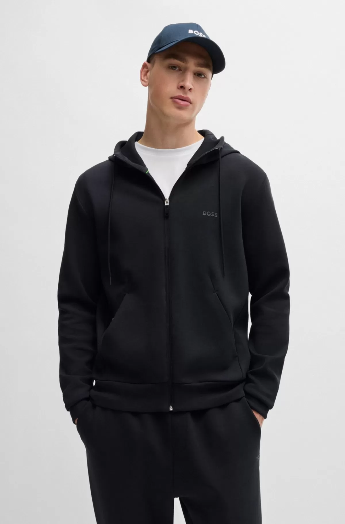 HUGO BOSS Hættetrøje Med Lynlås I Bomuld Med Stræk Og Logoprint Mørkeblå Best Sale