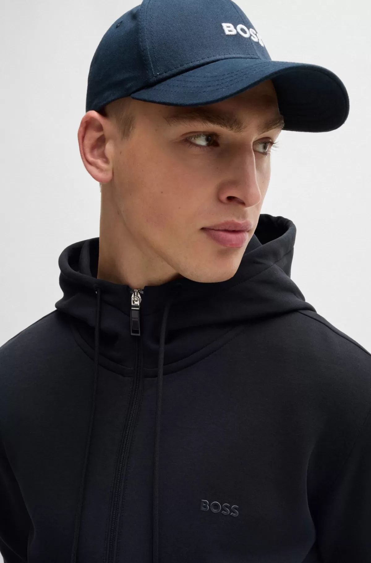 HUGO BOSS Hættetrøje Med Lynlås I Bomuld Med Stræk Og Logoprint Mørkeblå Best Sale