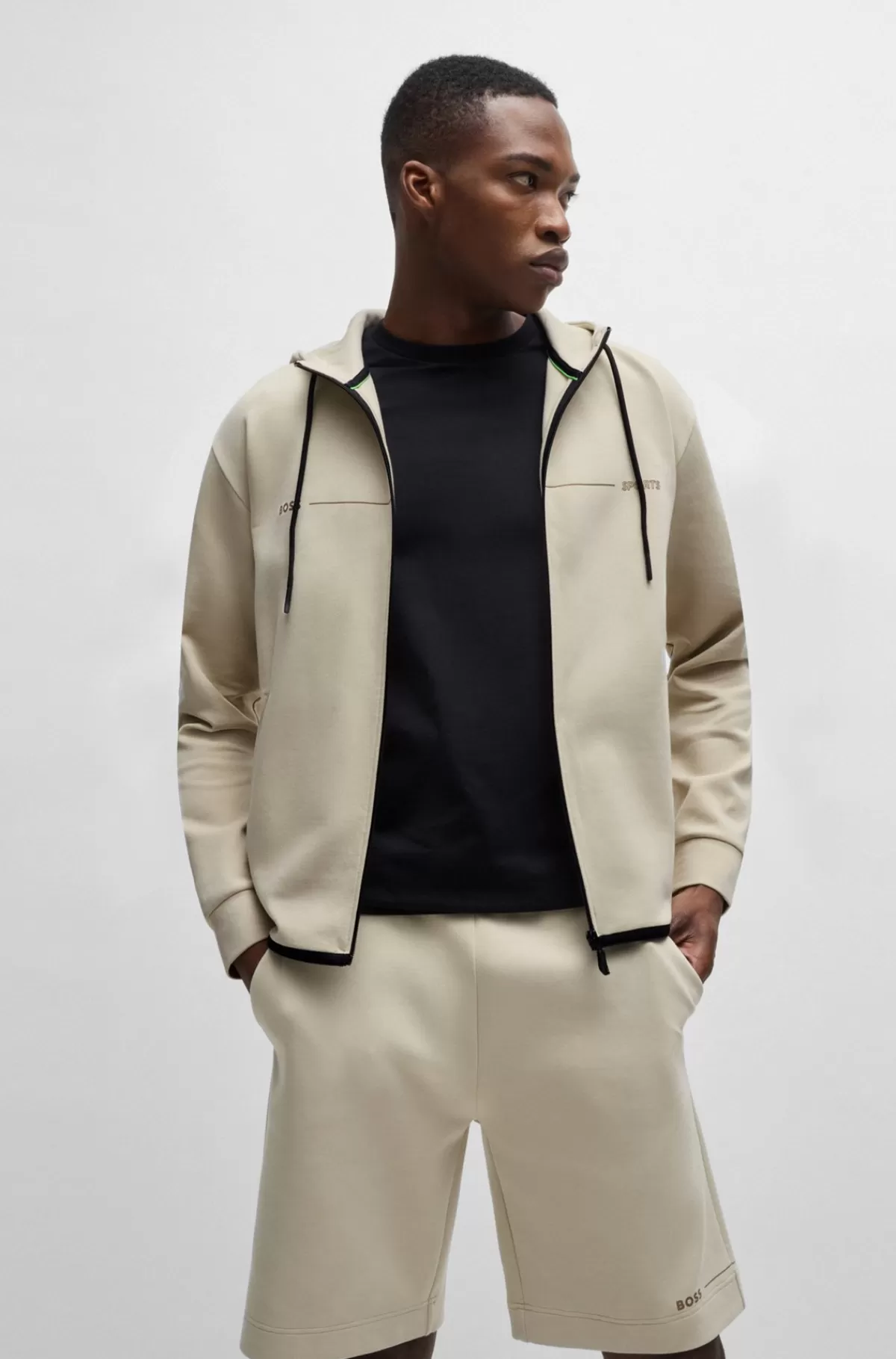 HUGO BOSS Hættetrøje Med Lynlås I Bomuldsblanding Og Med Printet Grafik Lys beige Discount