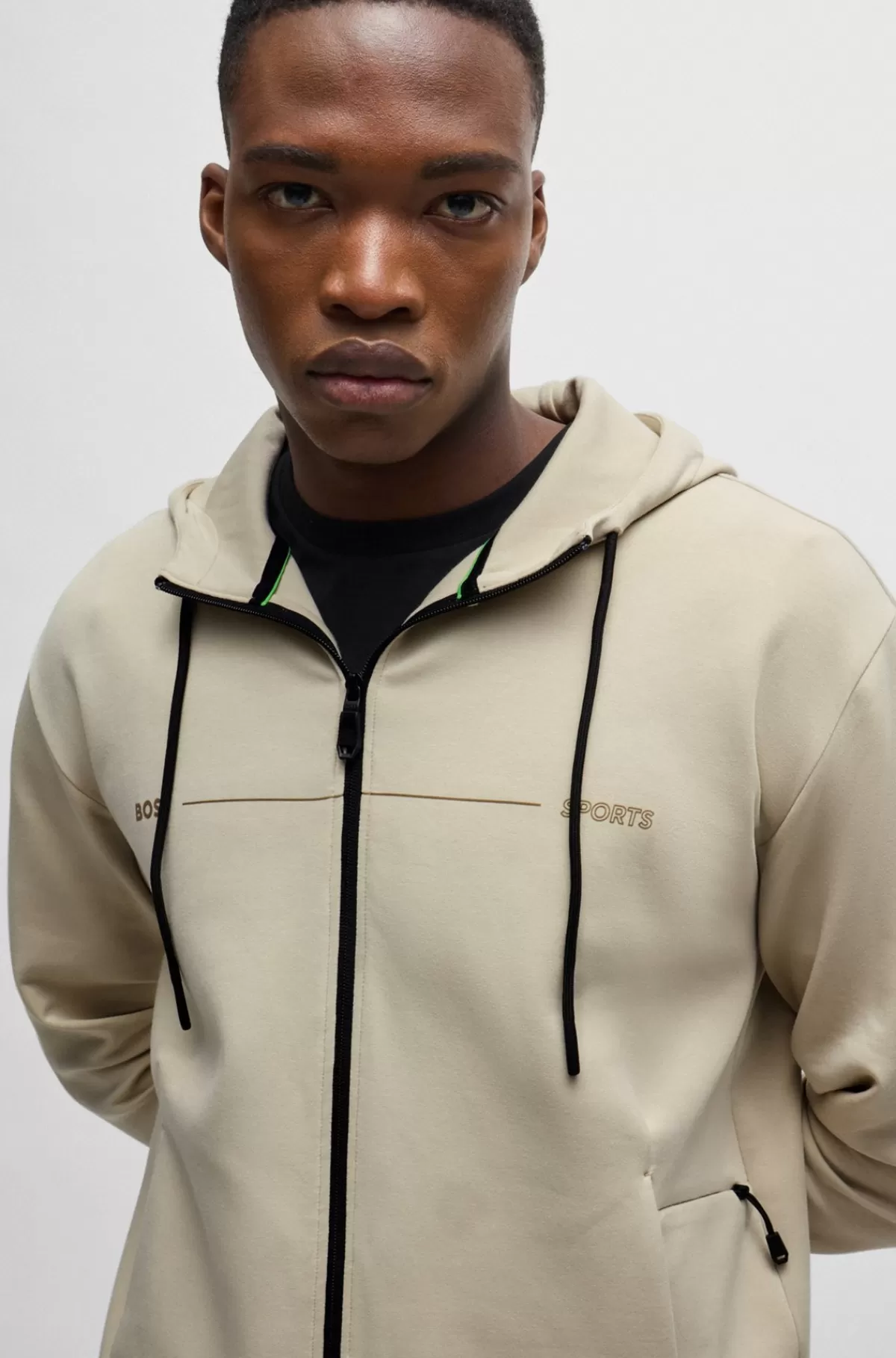 HUGO BOSS Hættetrøje Med Lynlås I Bomuldsblanding Og Med Printet Grafik Lys beige Discount