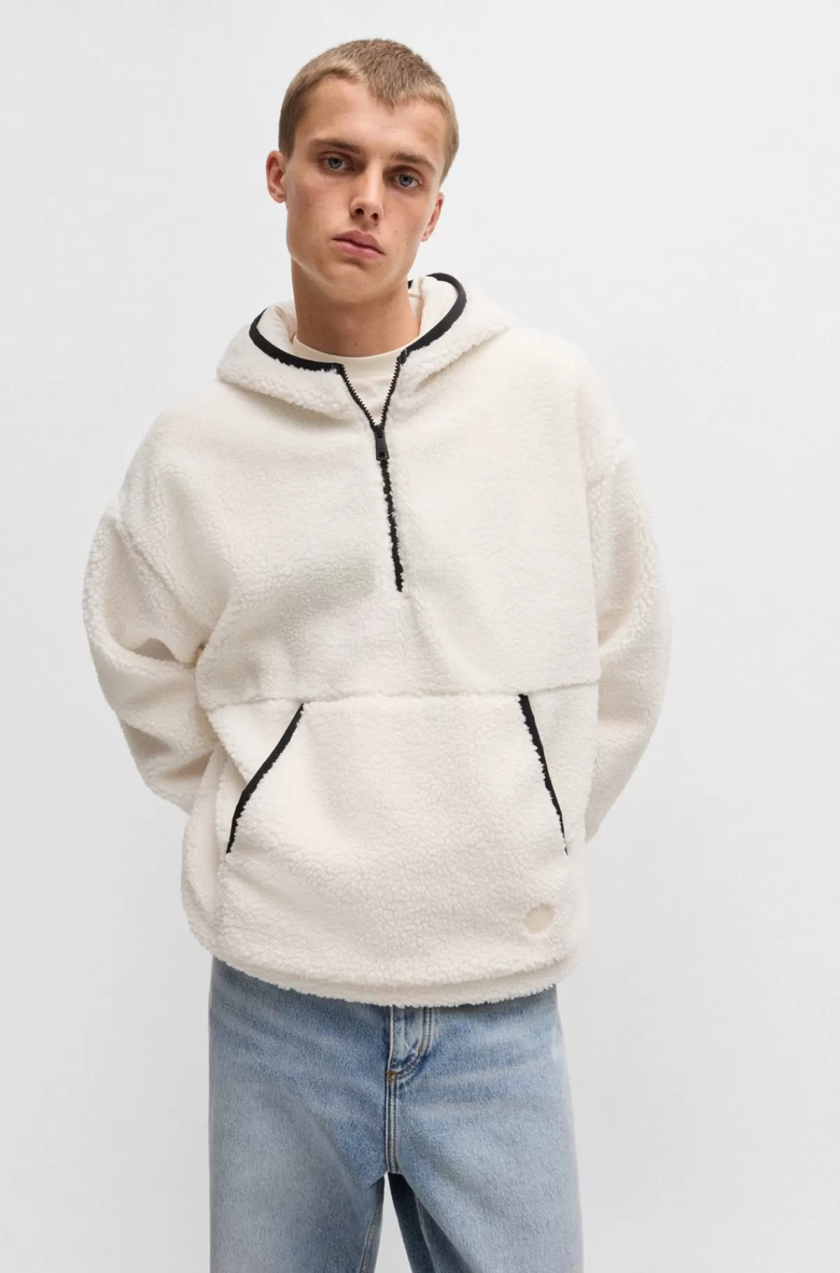 HUGO BOSS Hættetrøje Med Lynlås I Halsen I Teddystof Med Logo Hvid Outlet