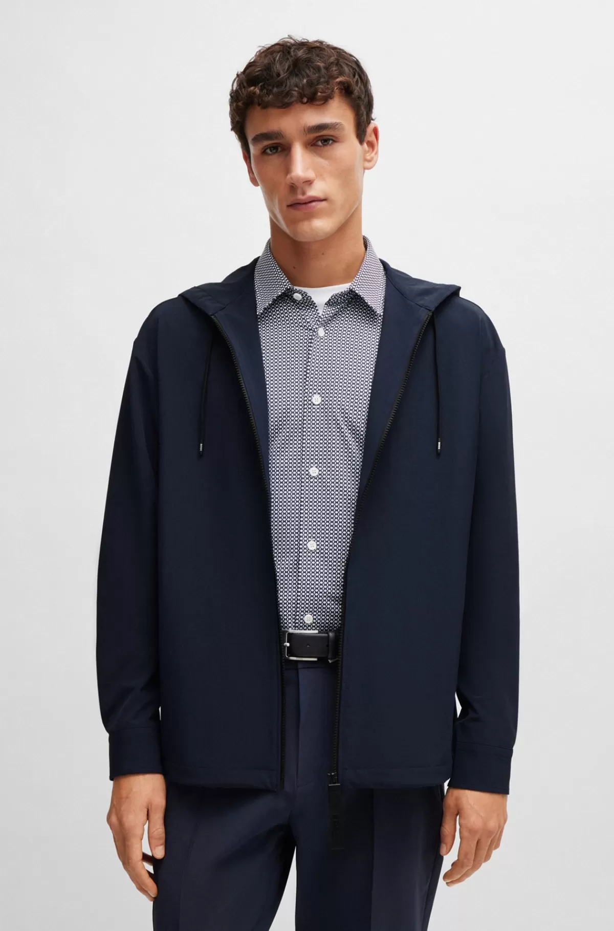 HUGO BOSS Hættetrøje Med Lynlås I Relaxed Fit I Stof Med Stræk Mørkeblå Outlet