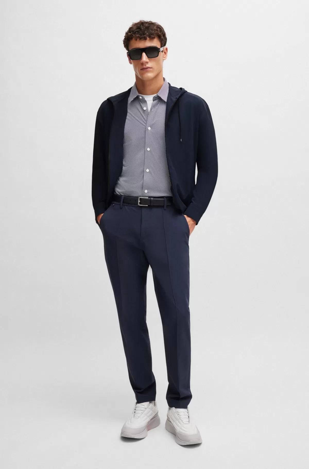 HUGO BOSS Hættetrøje Med Lynlås I Relaxed Fit I Stof Med Stræk Mørkeblå Outlet