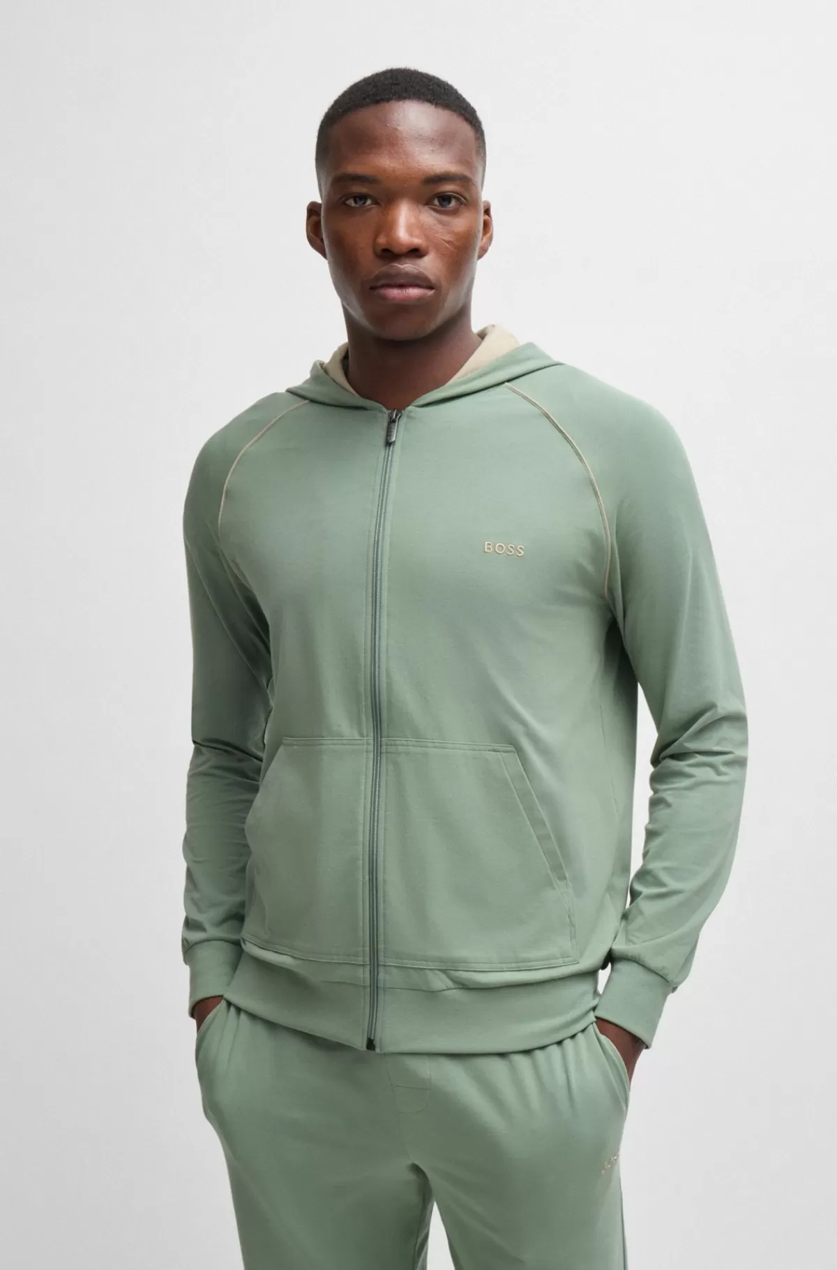HUGO BOSS Hættetrøje Med Lynlås Og Broderet Logo I Bomuld Med Stræk Lysegrøn Discount