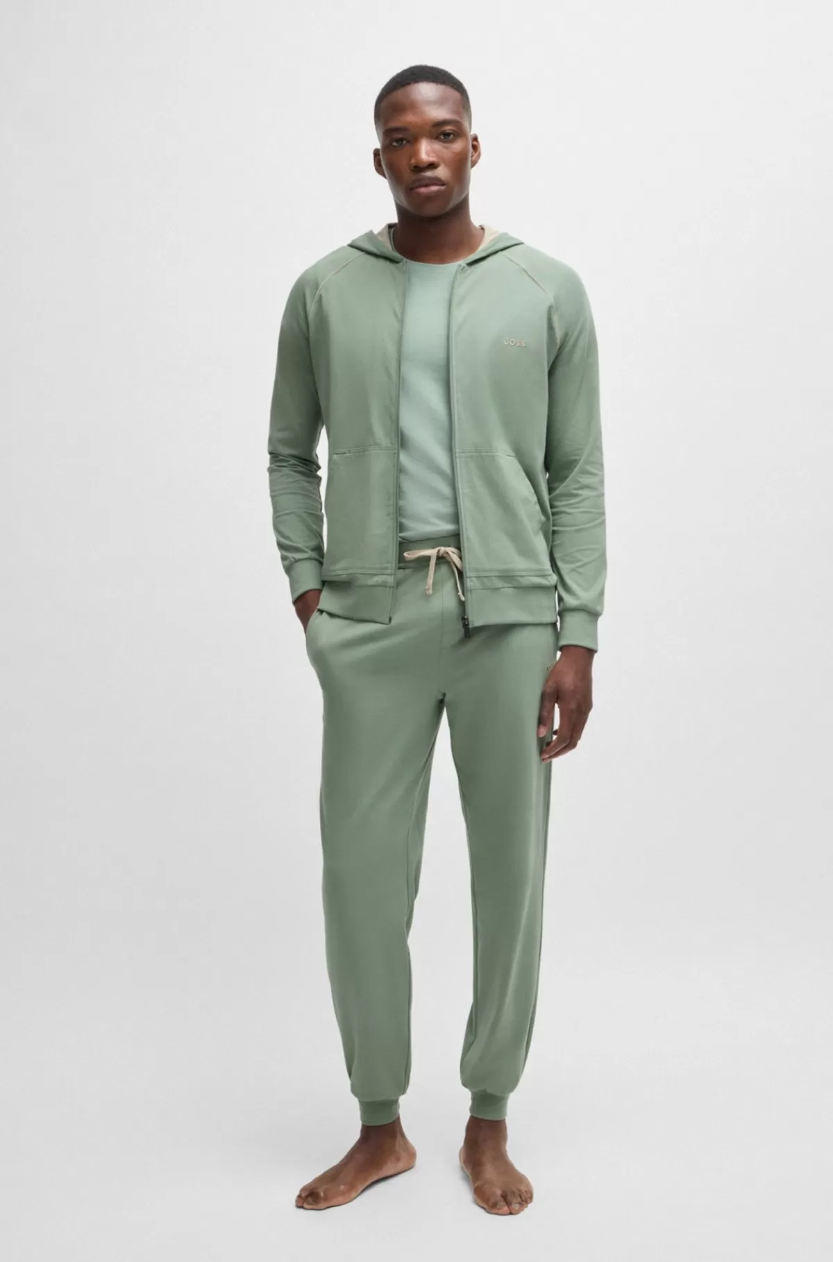 HUGO BOSS Hættetrøje Med Lynlås Og Broderet Logo I Bomuld Med Stræk Lysegrøn Discount