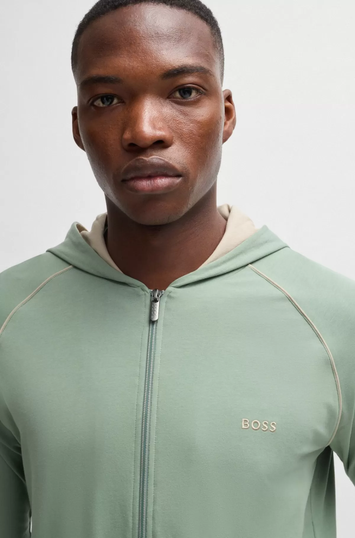 HUGO BOSS Hættetrøje Med Lynlås Og Broderet Logo I Bomuld Med Stræk Lysegrøn Discount