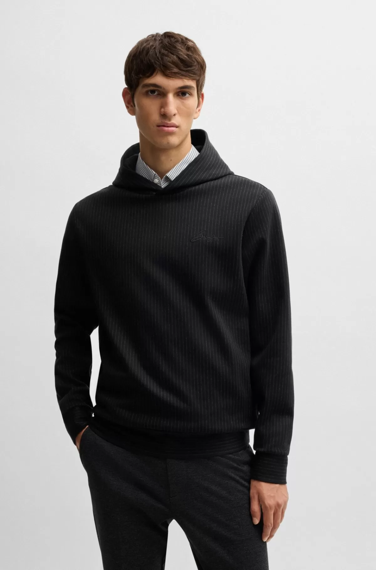 HUGO BOSS Hættetrøje Med Regular Fit I Nålestribet Bomuldsblanding Sort Discount