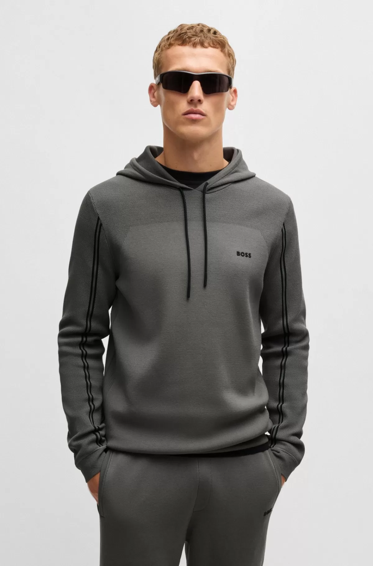 HUGO BOSS Hættetrøje Med Regular Fit I Strik Med Striber Og Branding Grå Sale