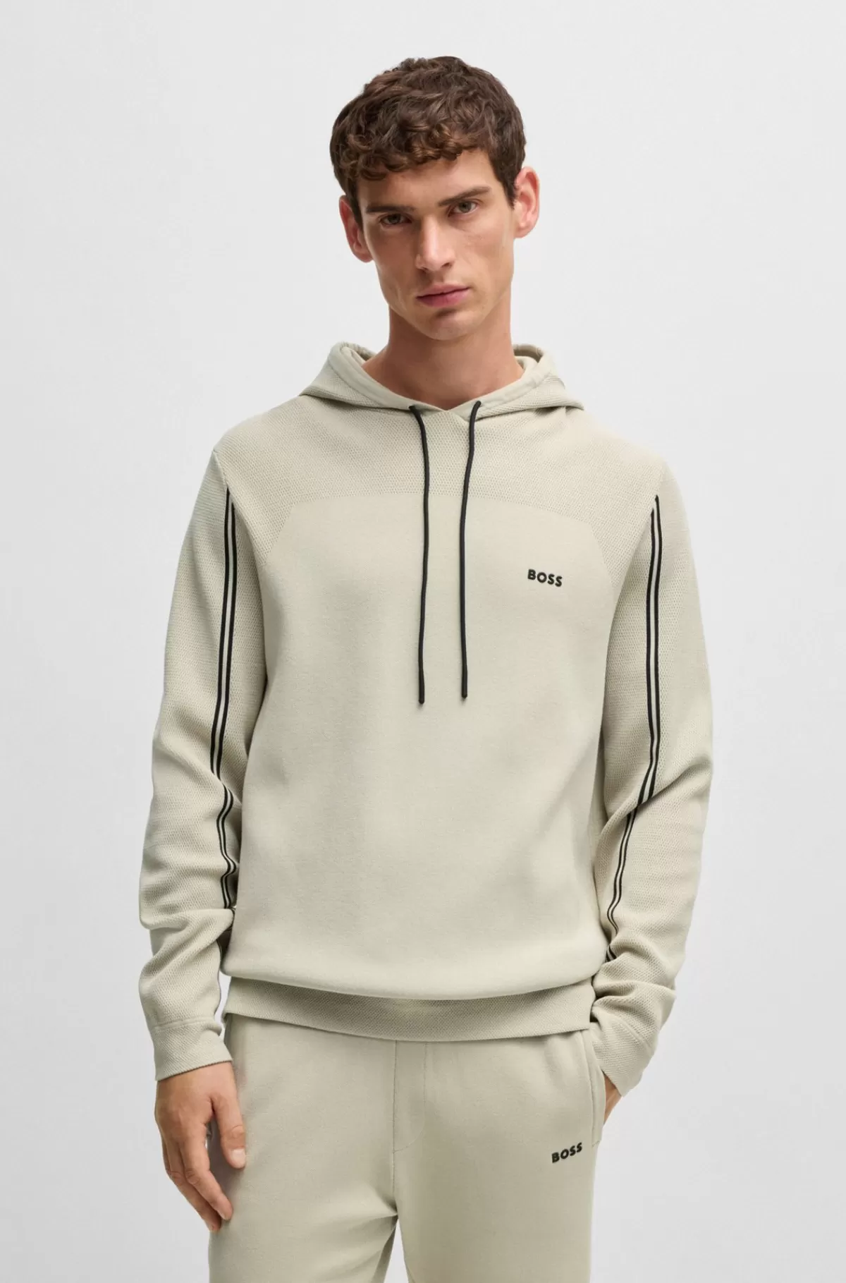 HUGO BOSS Hættetrøje Med Regular Fit I Strik Med Striber Og Branding Lys beige Clearance