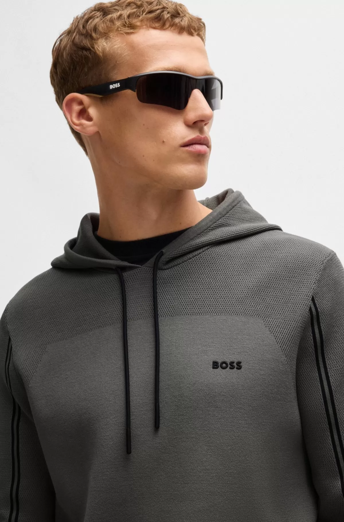 HUGO BOSS Hættetrøje Med Regular Fit I Strik Med Striber Og Branding Grå Sale