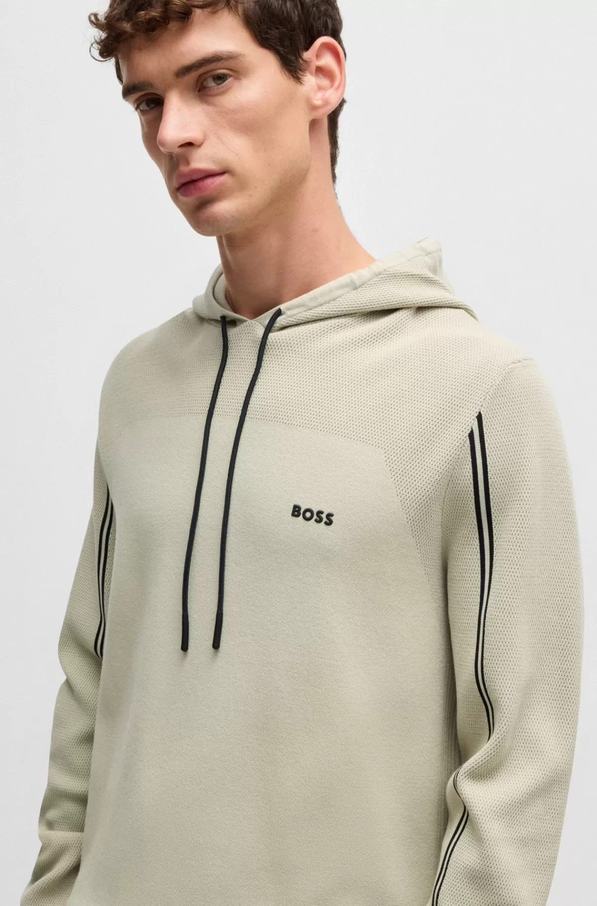 HUGO BOSS Hættetrøje Med Regular Fit I Strik Med Striber Og Branding Lys beige Clearance