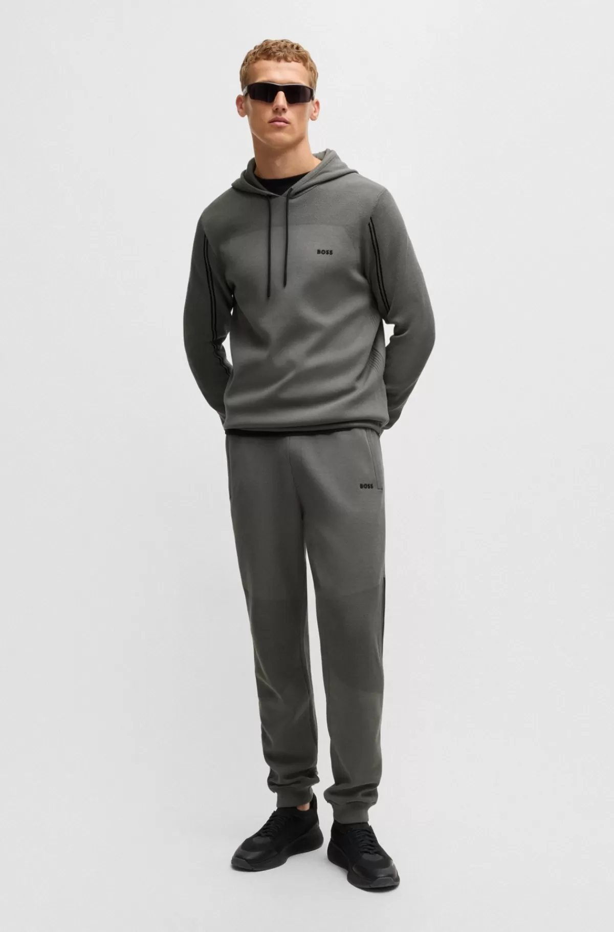 HUGO BOSS Hættetrøje Med Regular Fit I Strik Med Striber Og Branding Grå Sale
