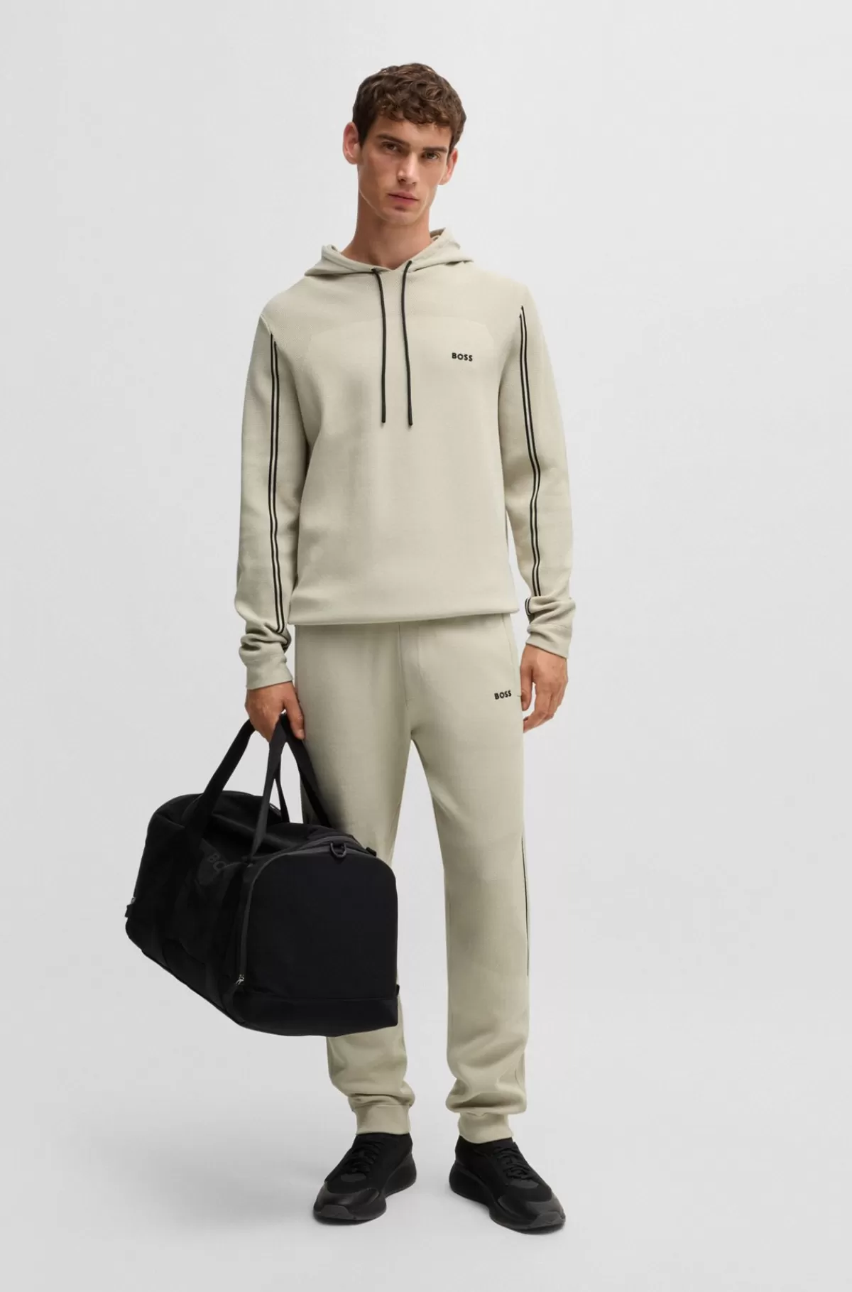 HUGO BOSS Hættetrøje Med Regular Fit I Strik Med Striber Og Branding Lys beige Clearance