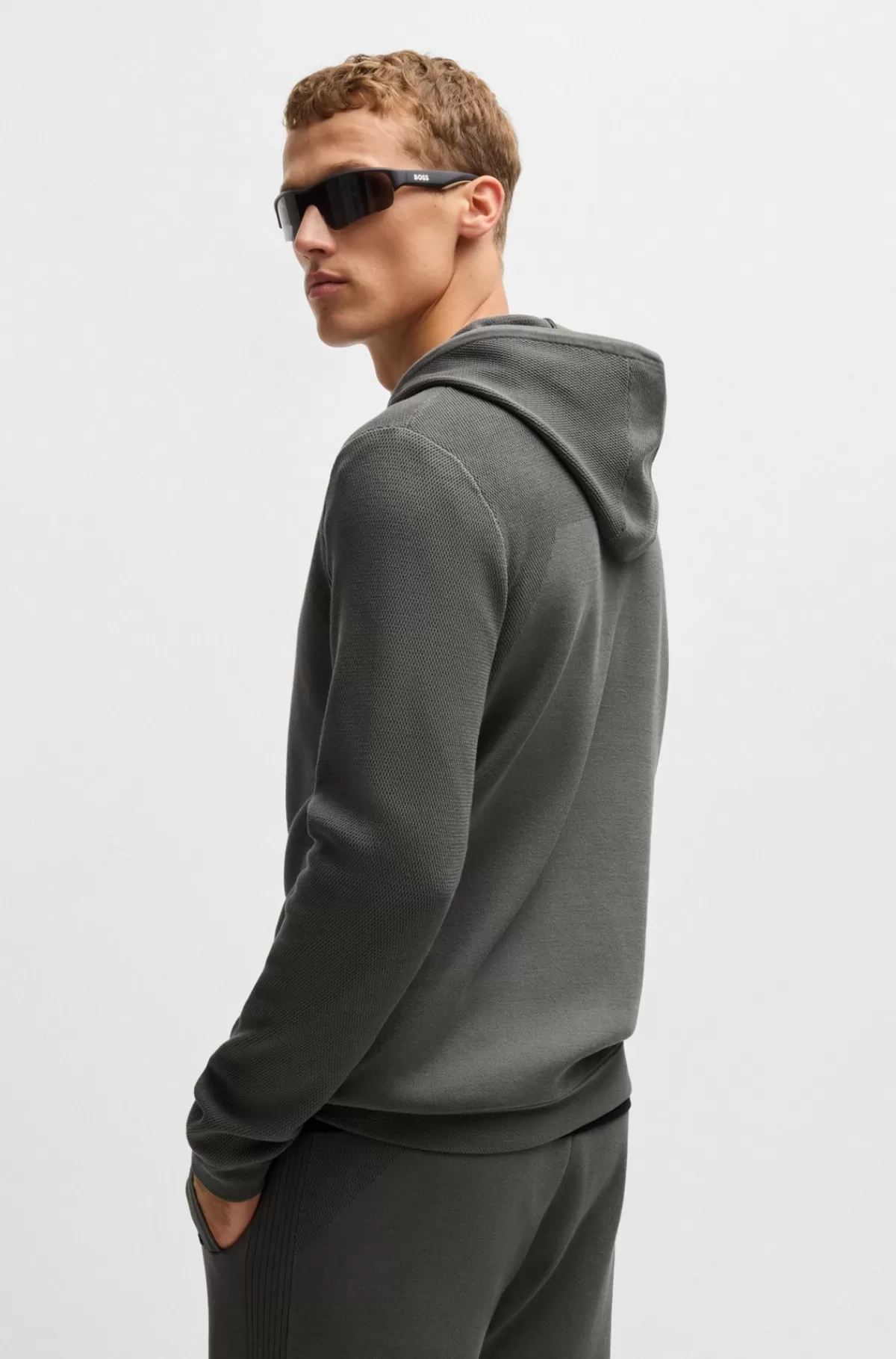 HUGO BOSS Hættetrøje Med Regular Fit I Strik Med Striber Og Branding Grå Sale