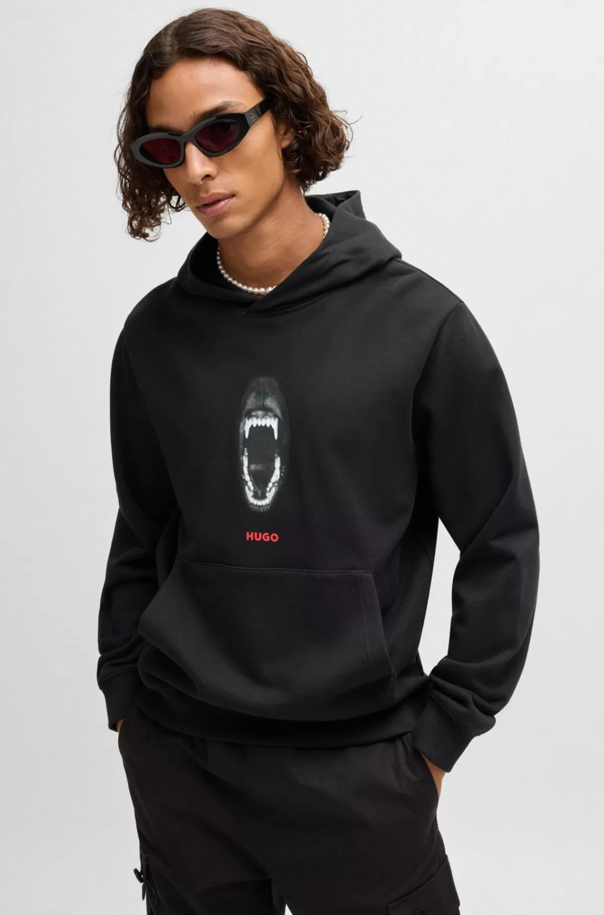 HUGO BOSS Hættetrøje Med Regular Fit Og Dyregrafik I Sweatkvalitet Af Bomuld Sort Outlet